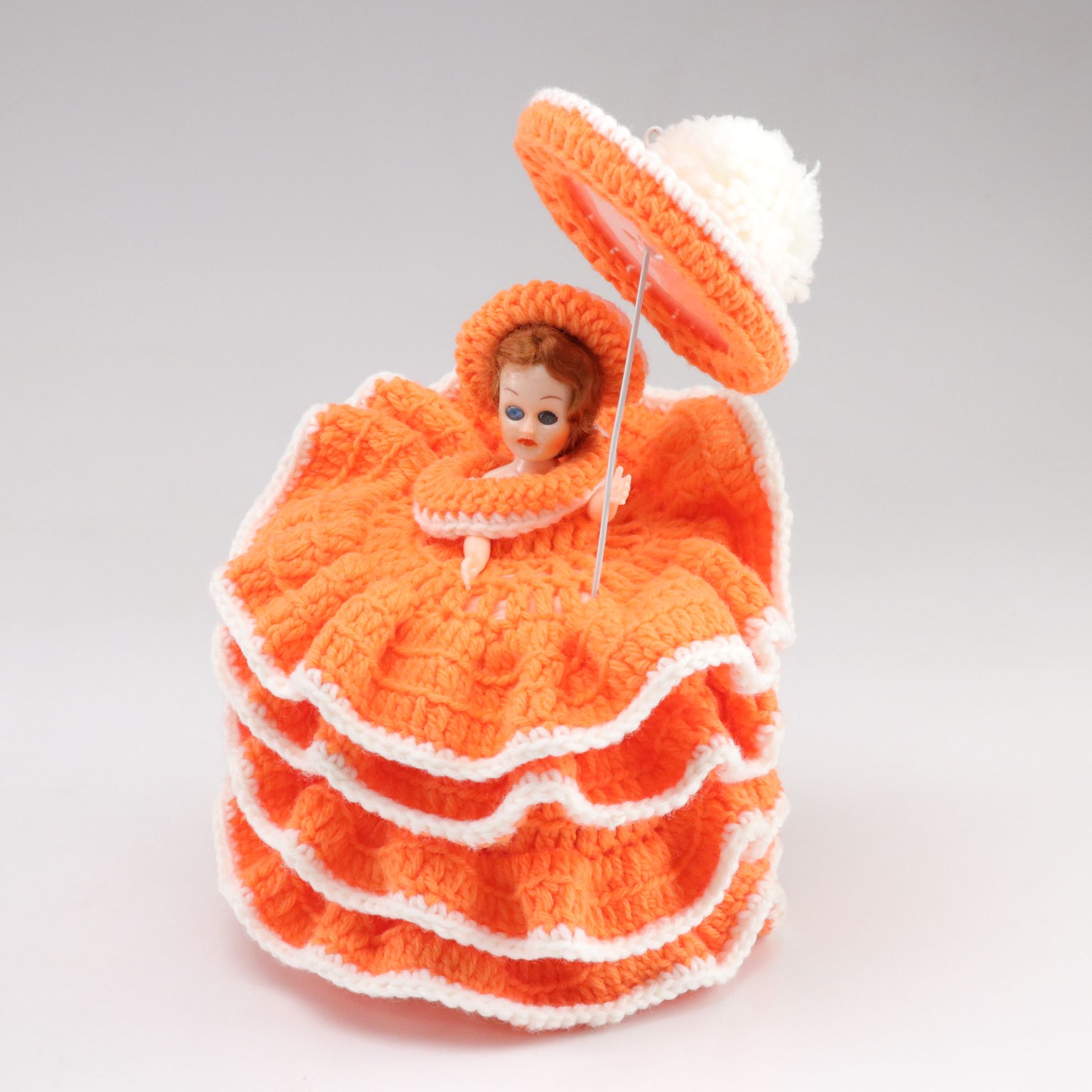 Orange Ruffle Crochet Doll with Parasol and Embroidered Cloth Doll