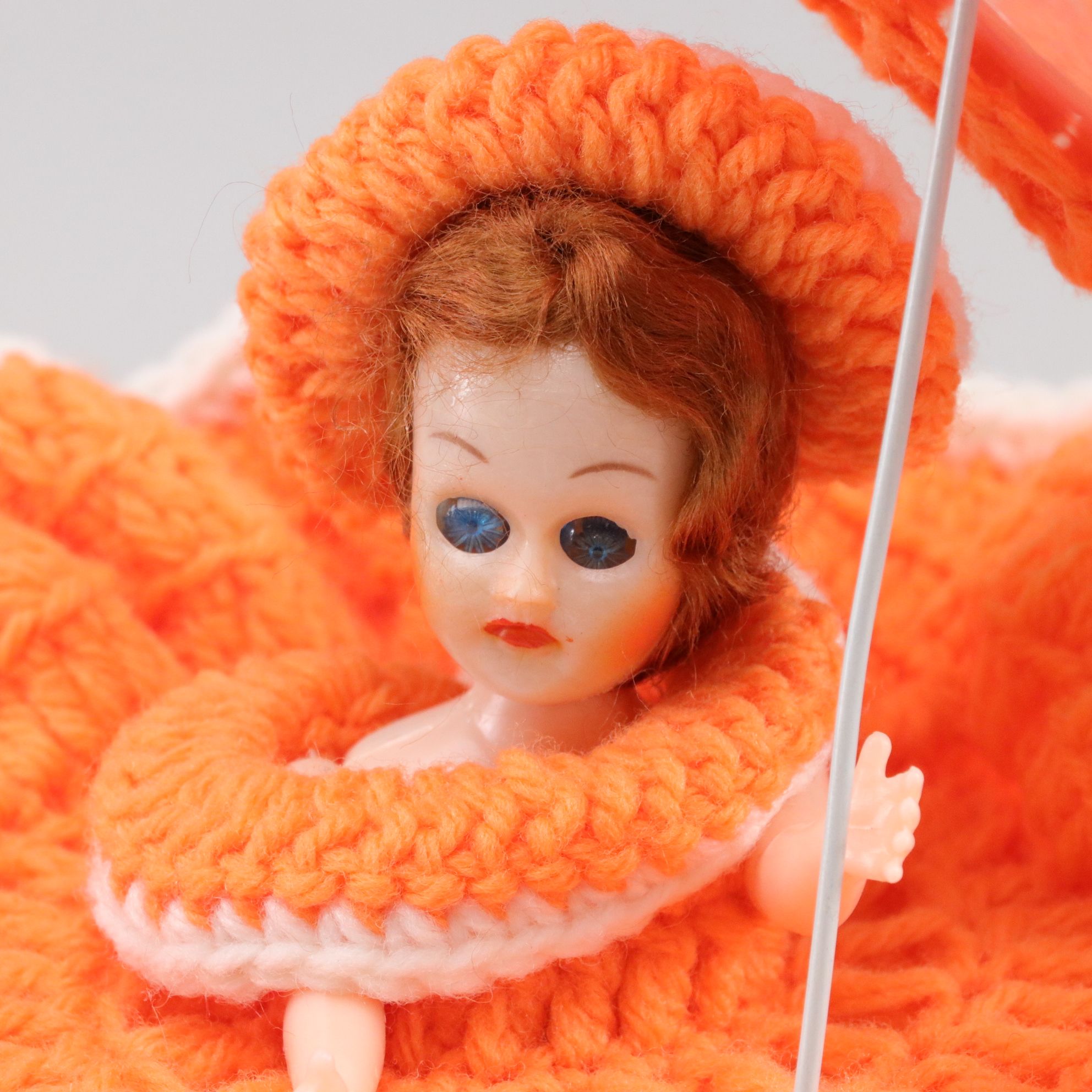Orange Ruffle Crochet Doll with Parasol and Embroidered Cloth Doll