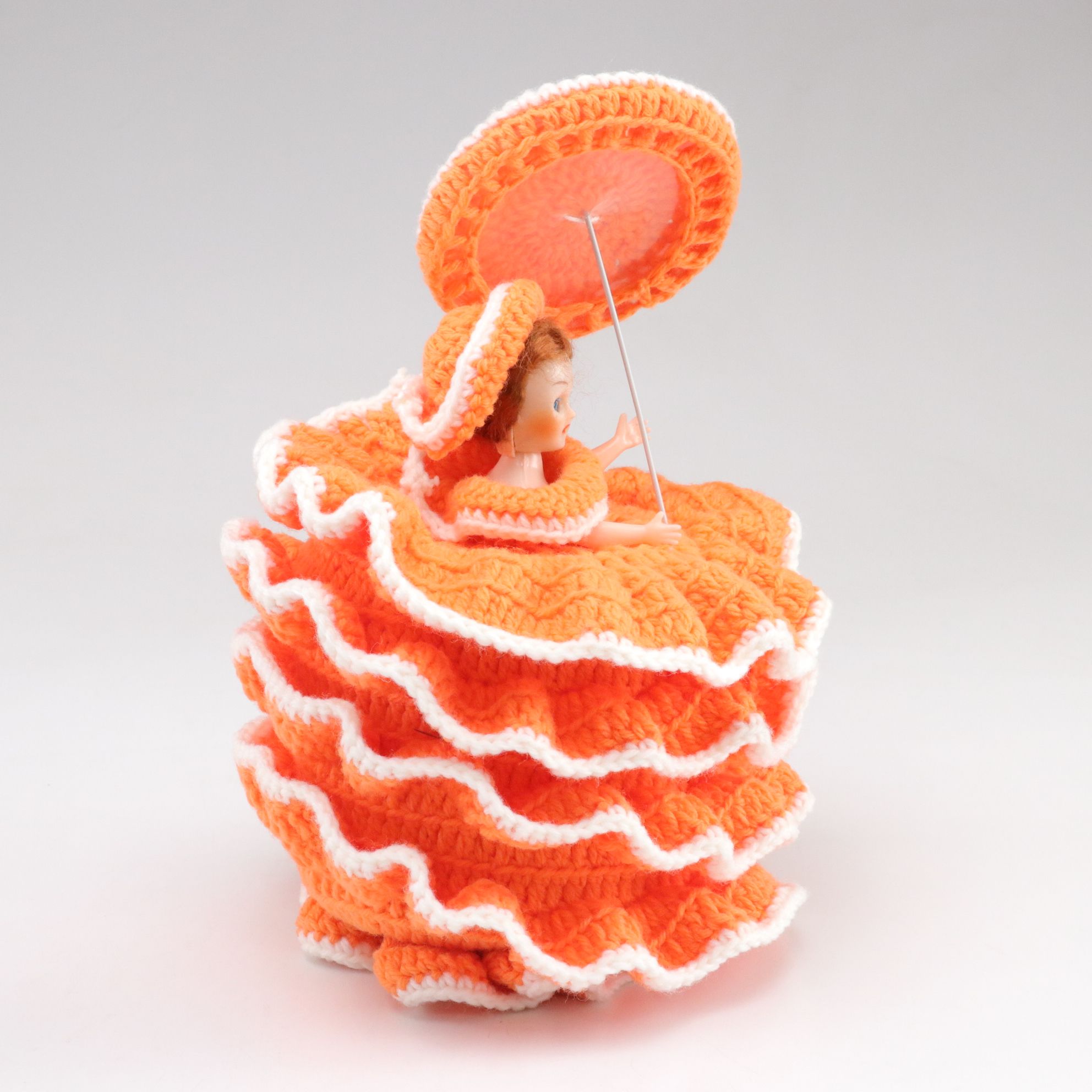 Orange Ruffle Crochet Doll with Parasol and Embroidered Cloth Doll