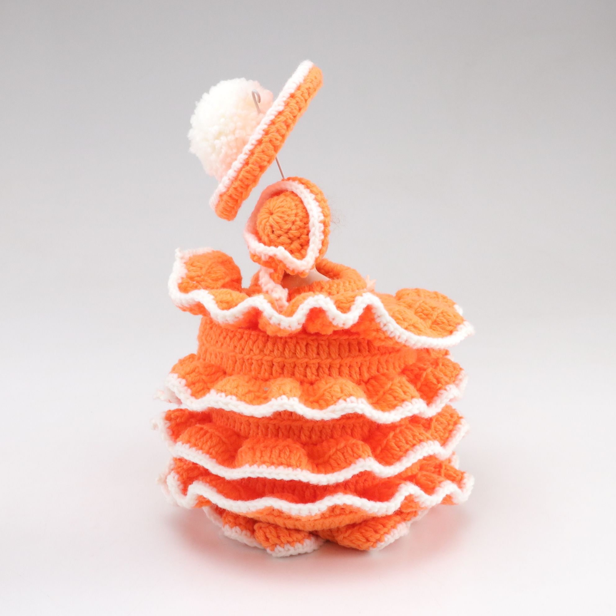 Orange Ruffle Crochet Doll with Parasol and Embroidered Cloth Doll