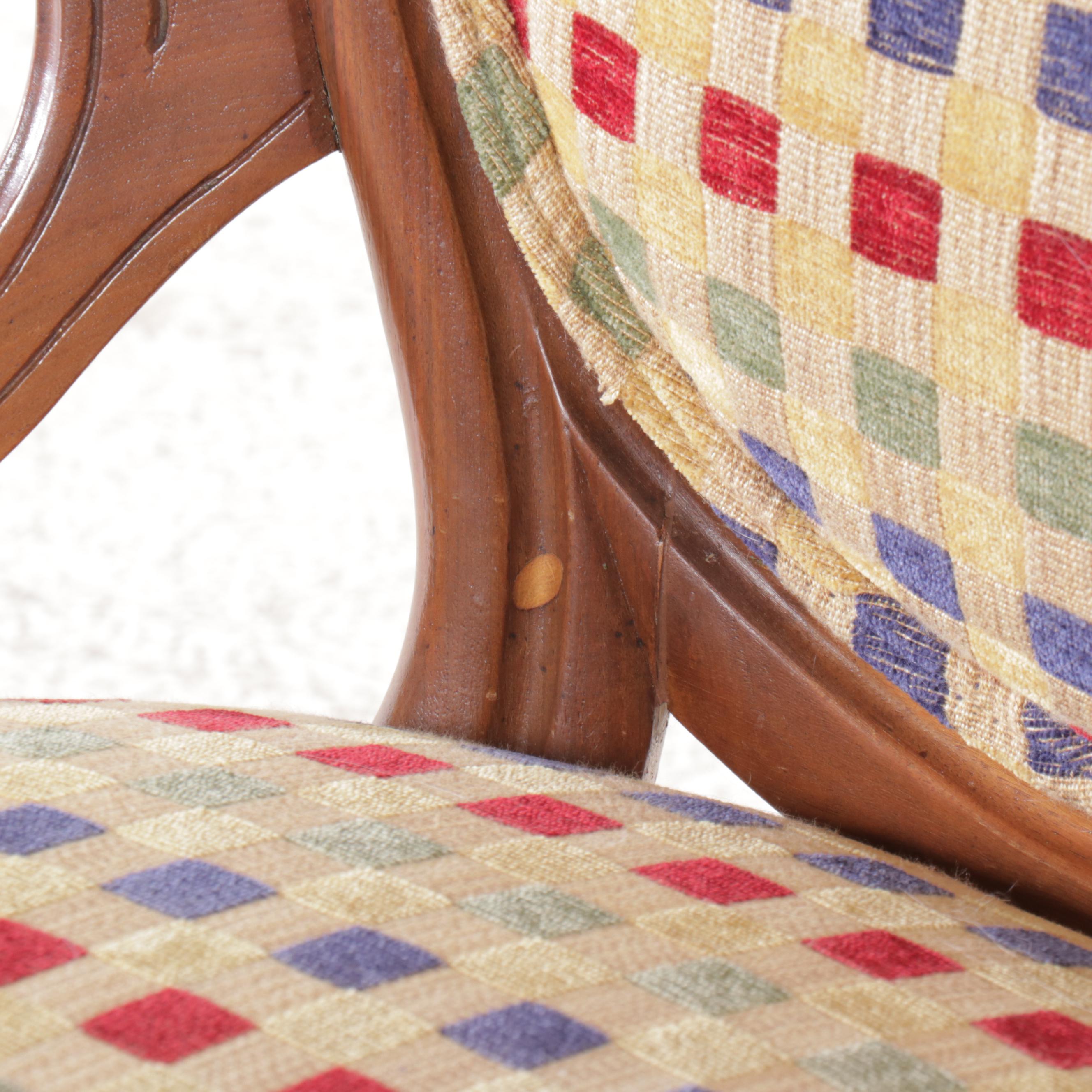 Victorian Style Walnut & Checkered Upholstery Elbow Chair