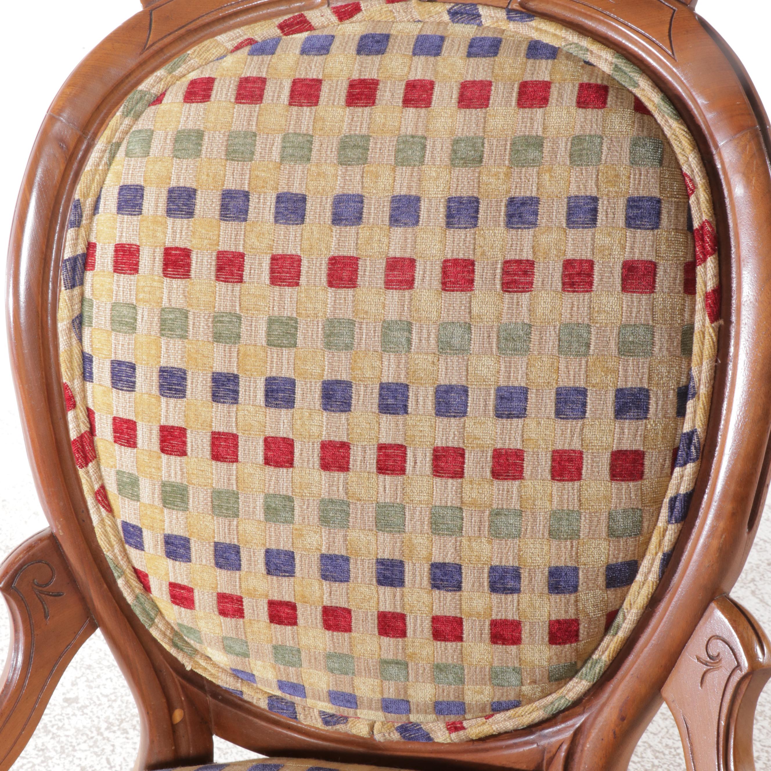 Victorian Style Walnut & Checkered Upholstery Elbow Chair