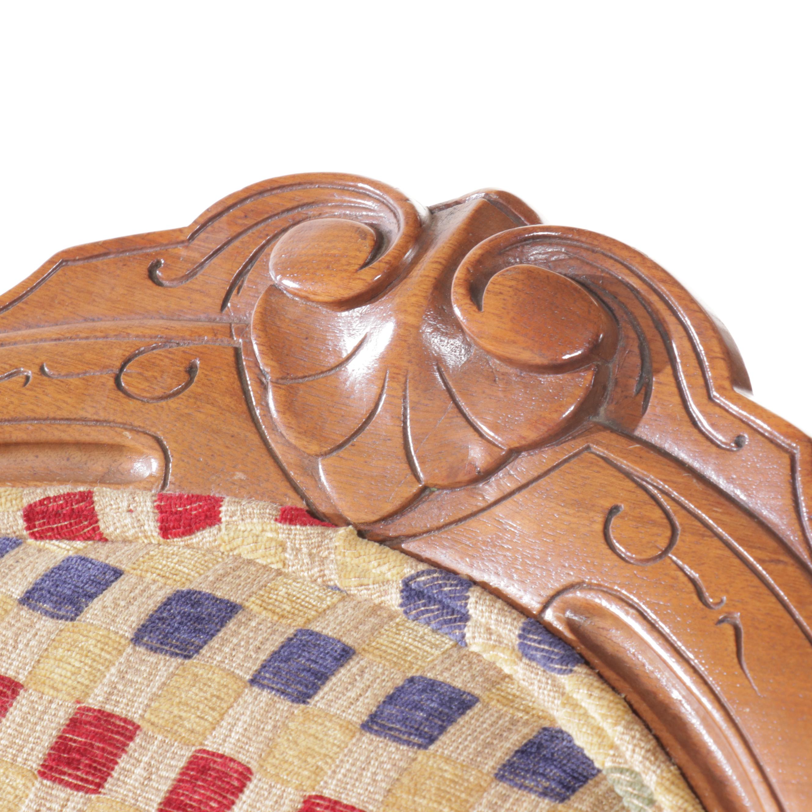 Victorian Style Walnut & Checkered Upholstery Elbow Chair