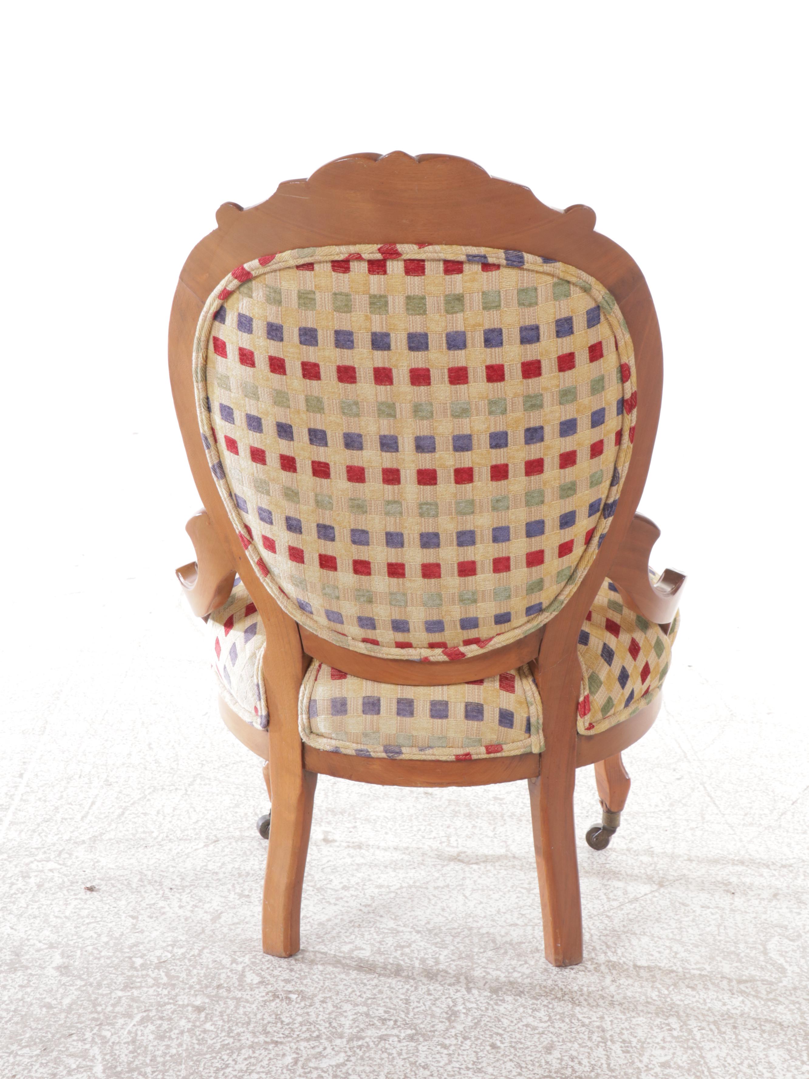 Victorian Style Walnut & Checkered Upholstery Elbow Chair