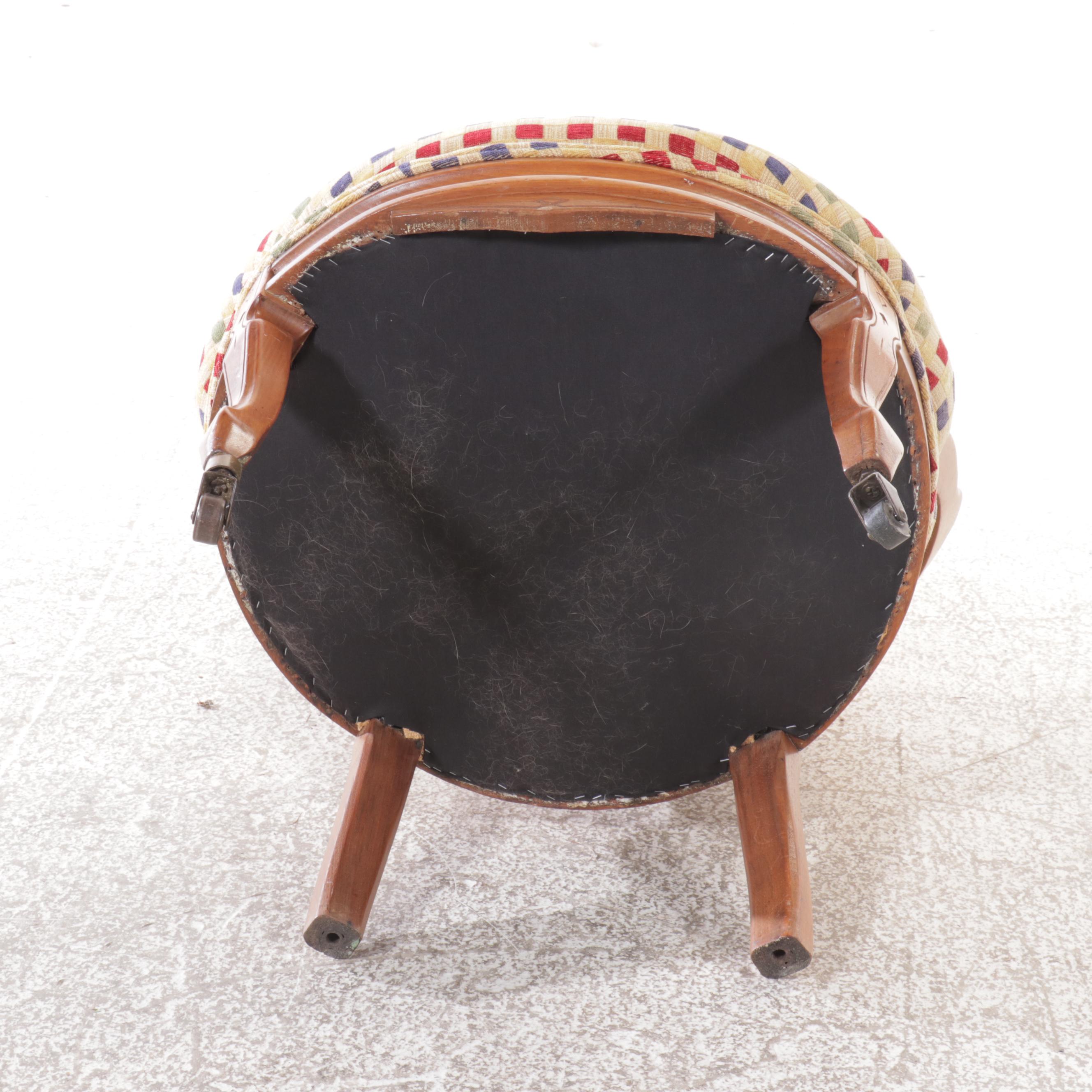 Victorian Style Walnut & Checkered Upholstery Elbow Chair