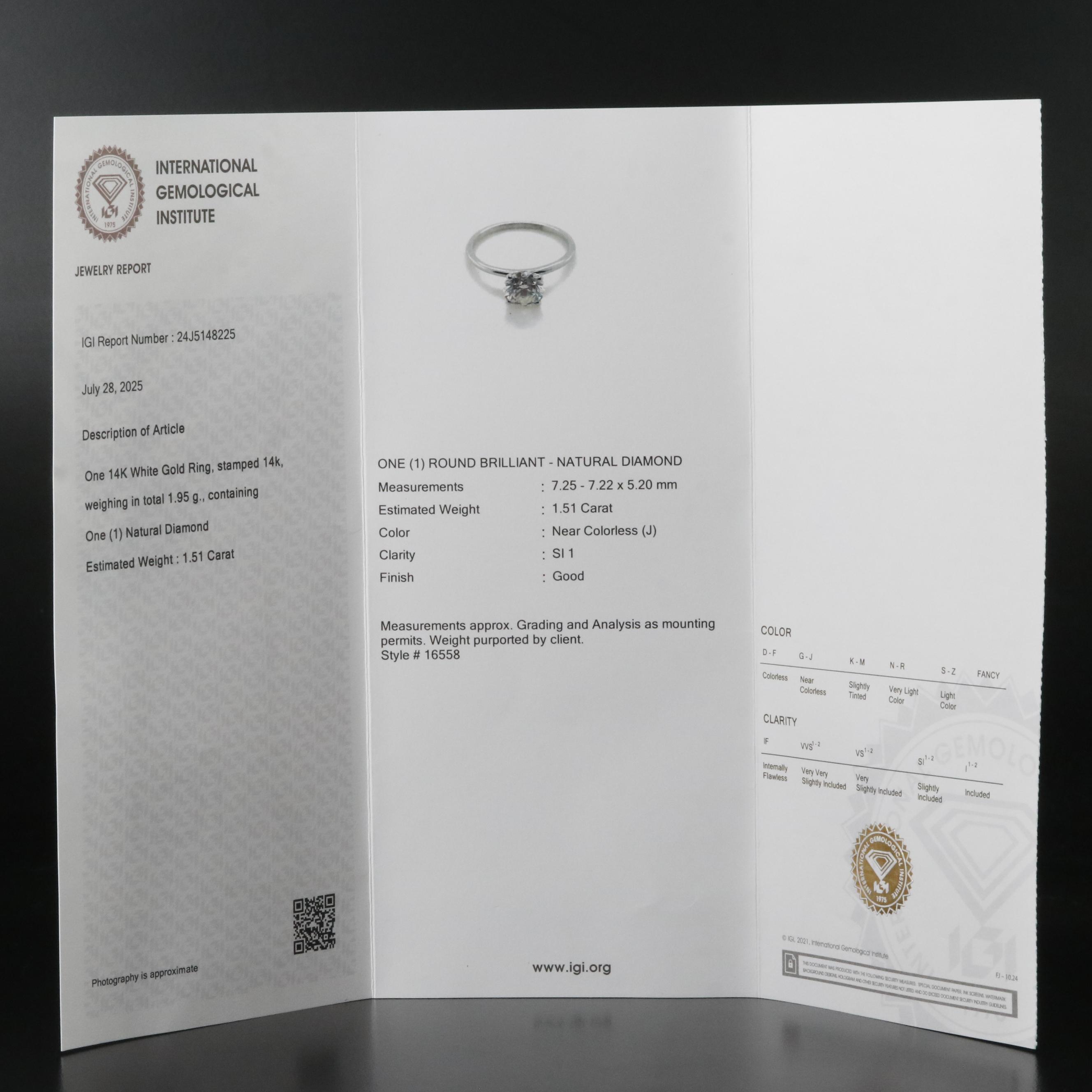 14K 1.51 CT Diamond Solitaire Ring with IGI Report