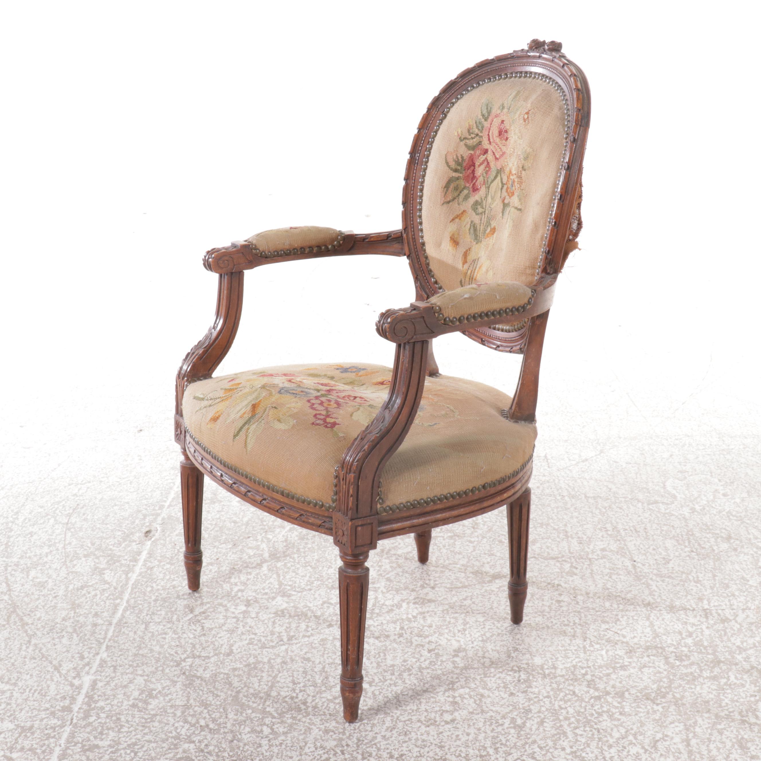 Sheraton Style Carved Walnut Armchair with Floral Needlepoint Upholstery