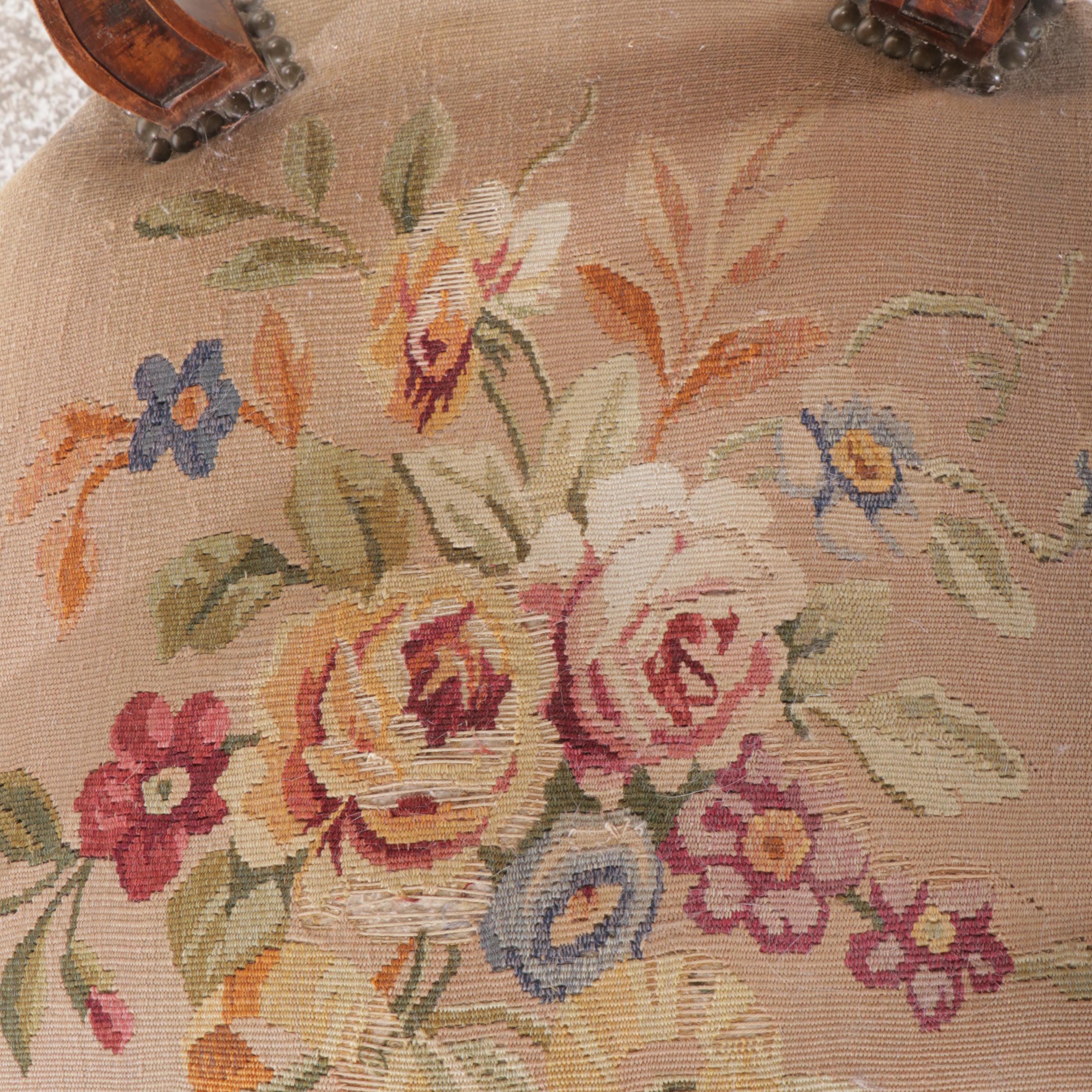 Sheraton Style Carved Walnut Armchair with Floral Needlepoint Upholstery