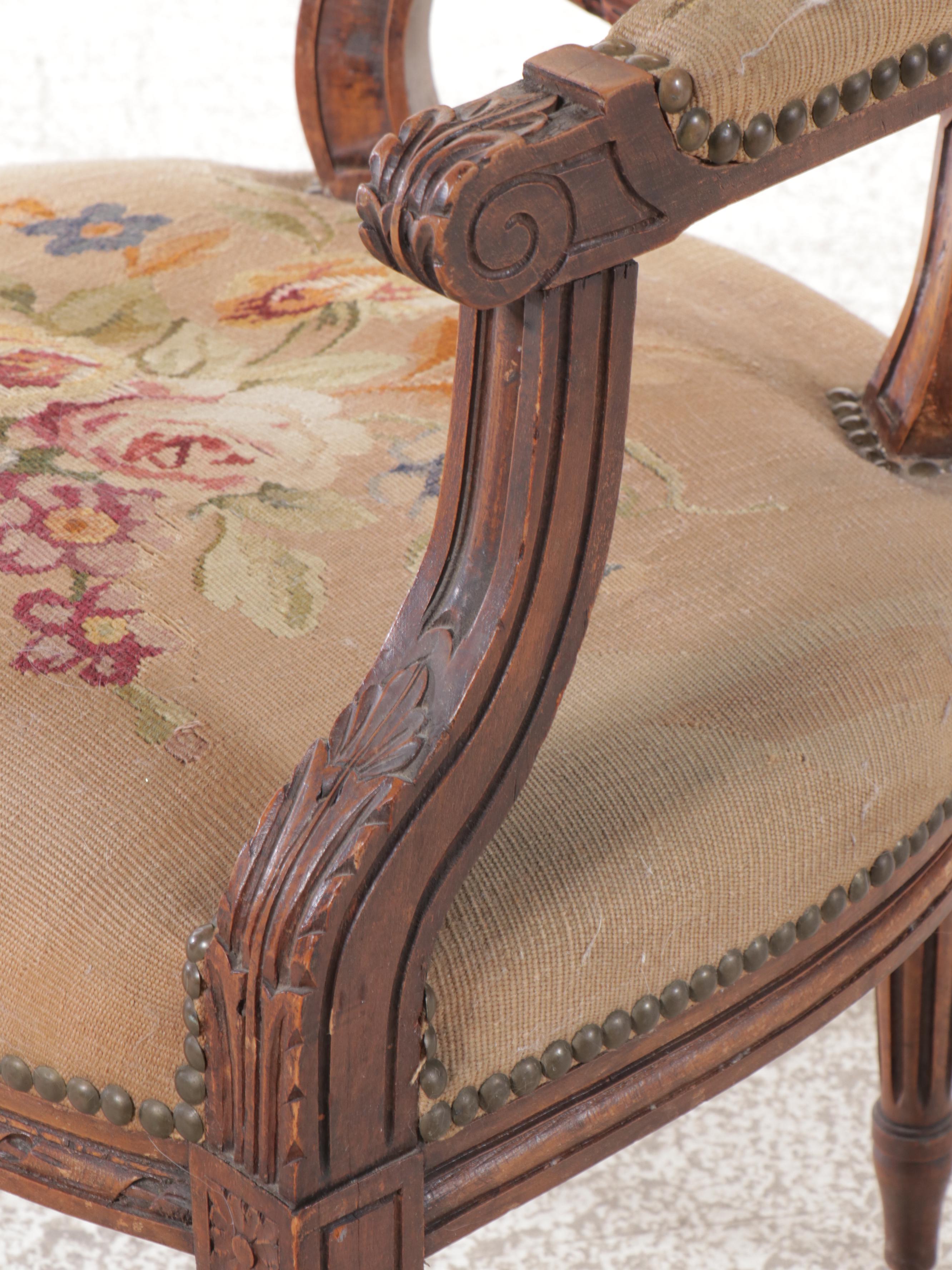 Sheraton Style Carved Walnut Armchair with Floral Needlepoint Upholstery