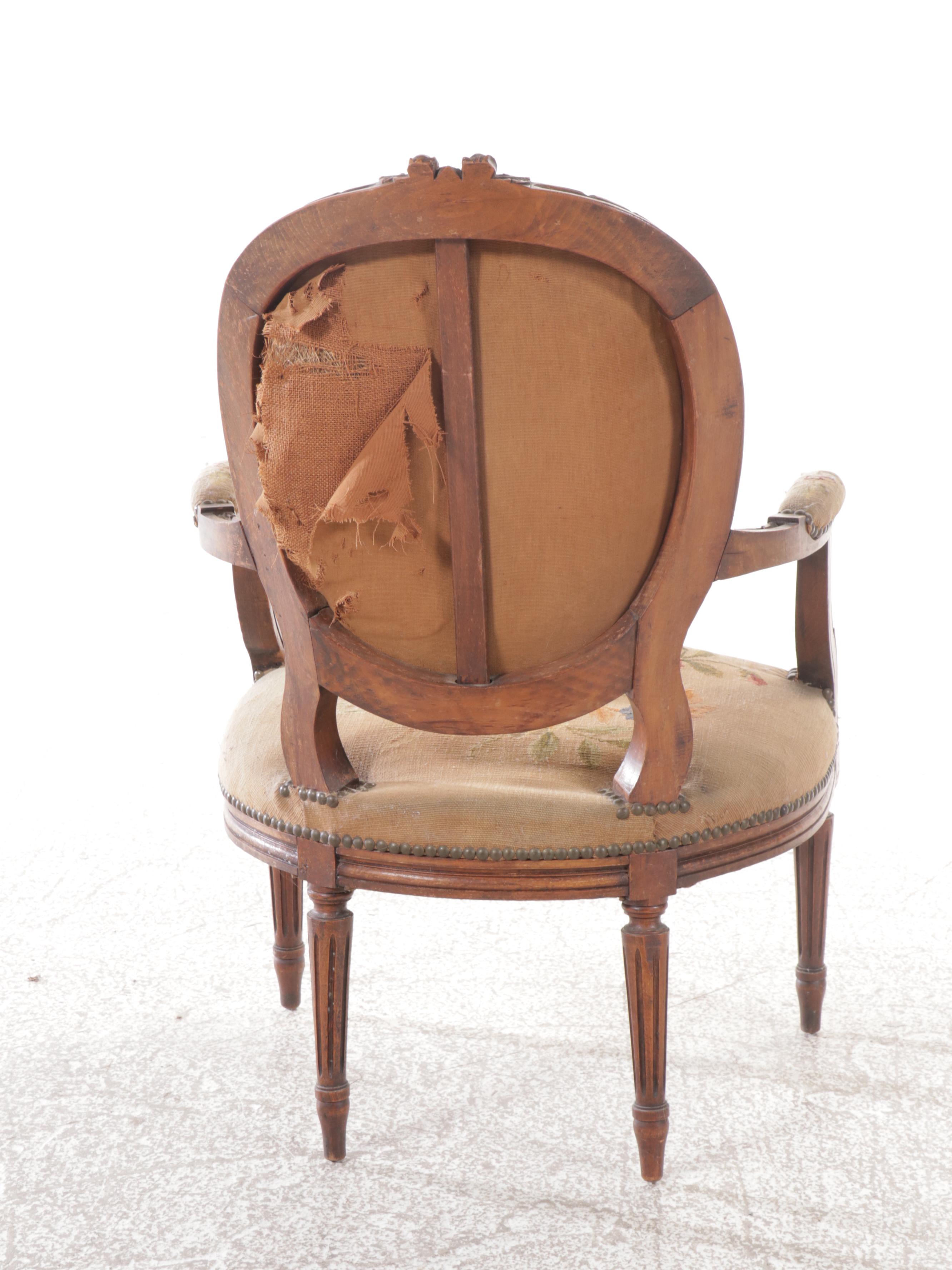 Sheraton Style Carved Walnut Armchair with Floral Needlepoint Upholstery