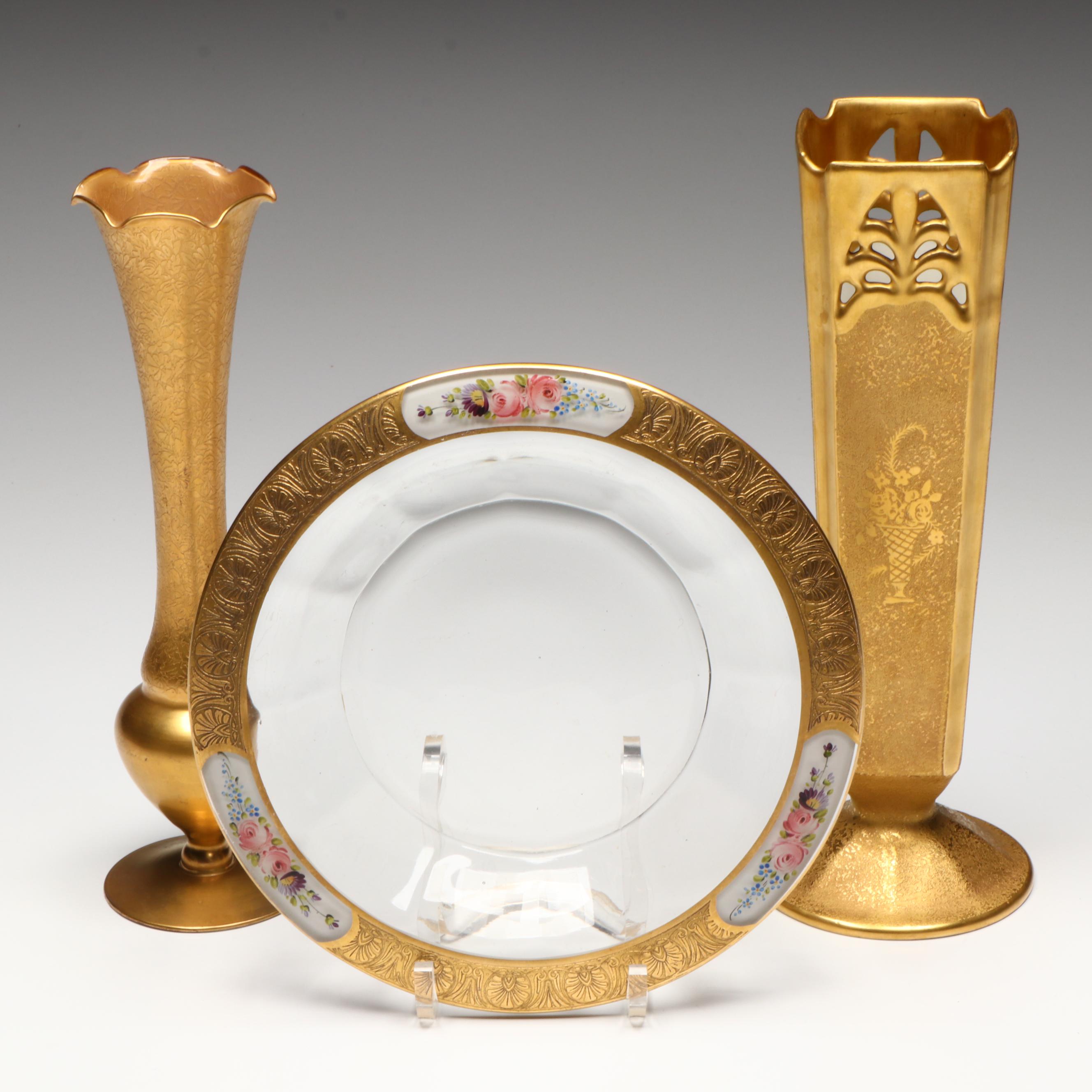 Gilt Porcelain and Glass Vases with Gilt Glass Plate
