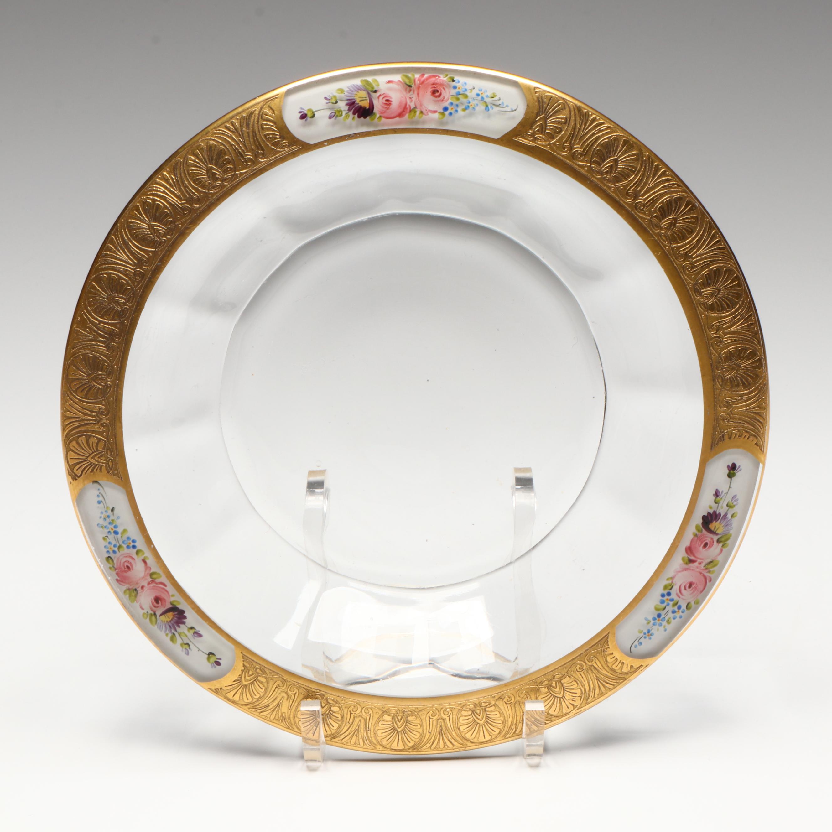 Gilt Porcelain and Glass Vases with Gilt Glass Plate