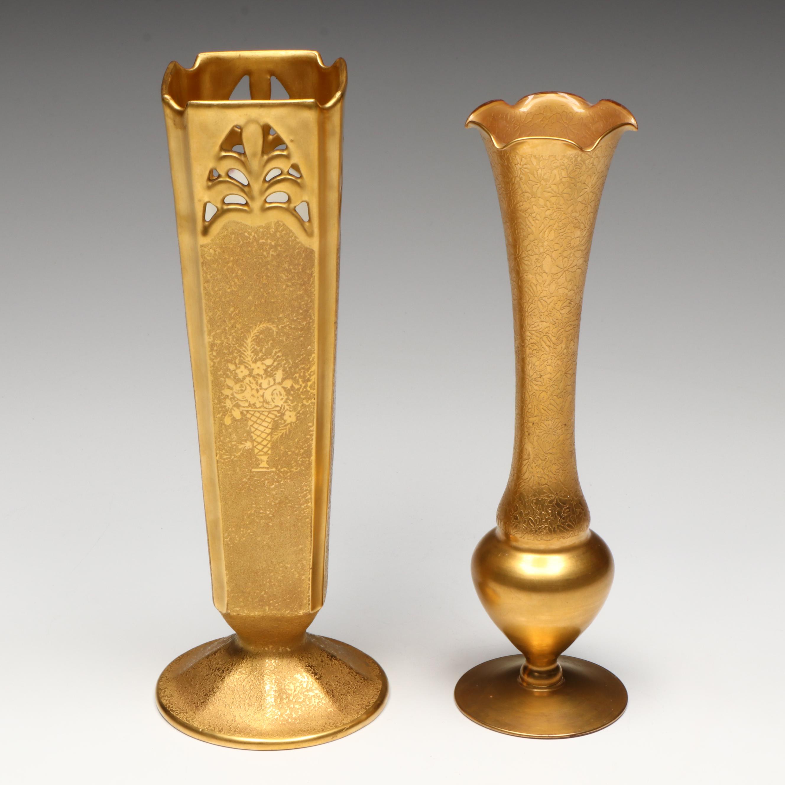 Gilt Porcelain and Glass Vases with Gilt Glass Plate