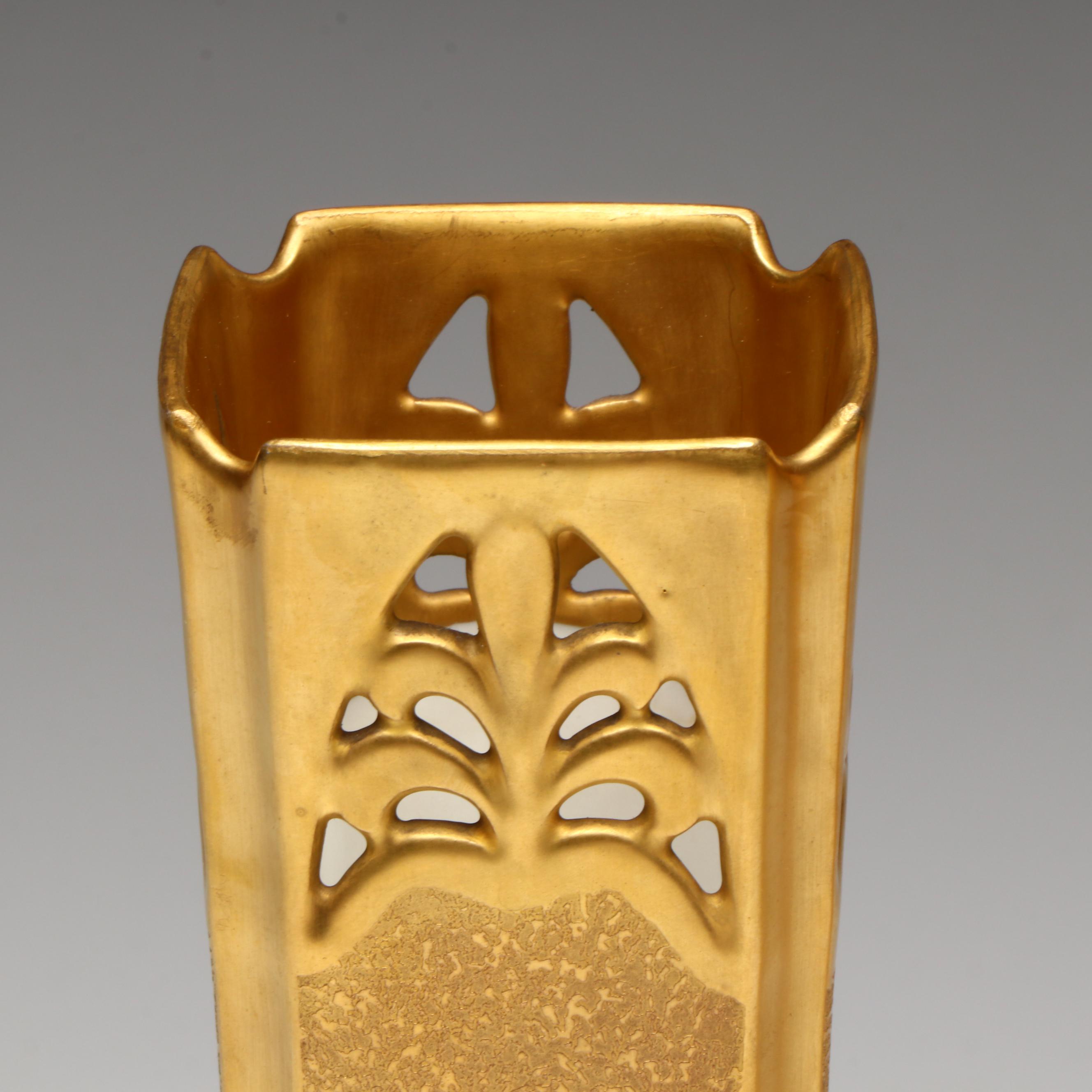 Gilt Porcelain and Glass Vases with Gilt Glass Plate