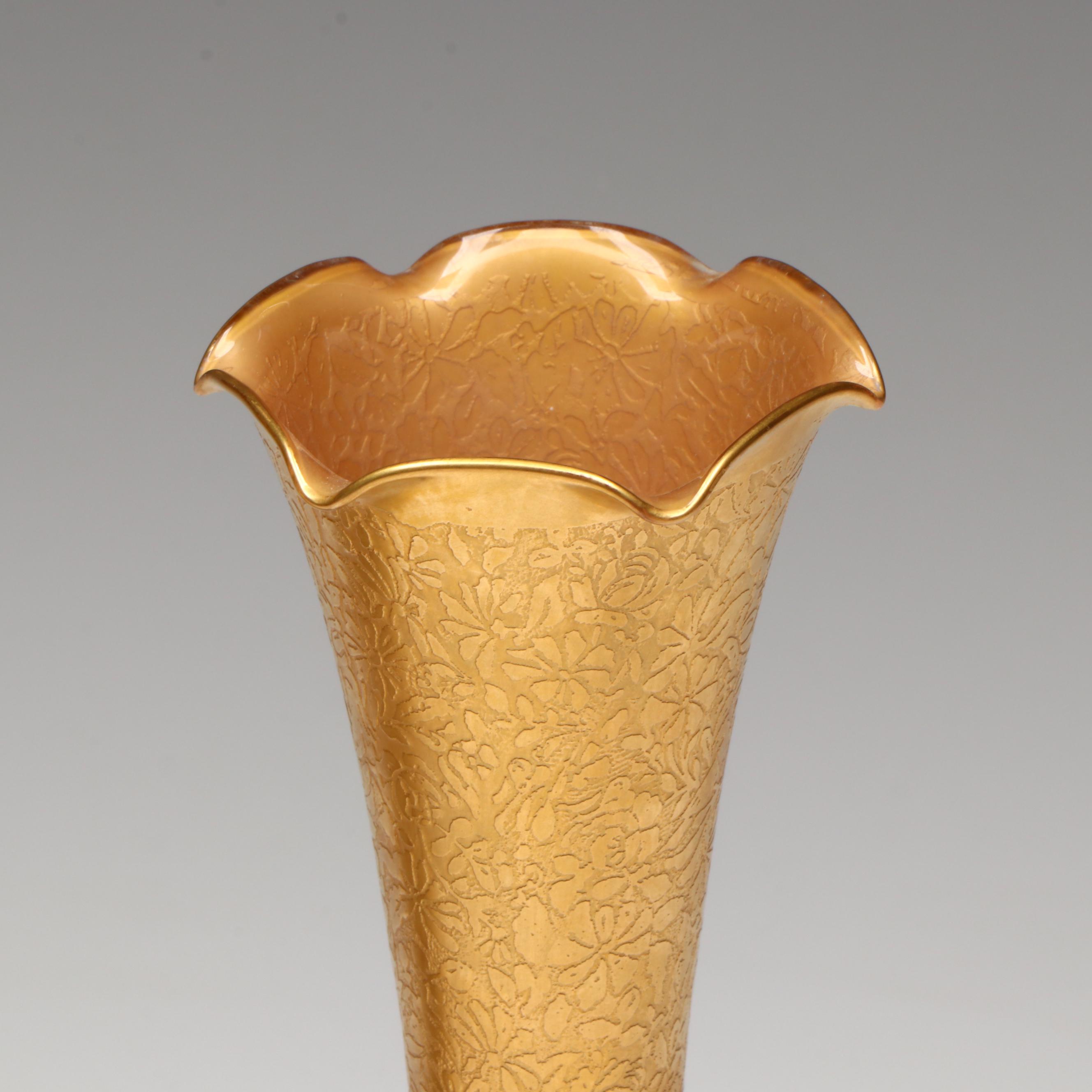 Gilt Porcelain and Glass Vases with Gilt Glass Plate