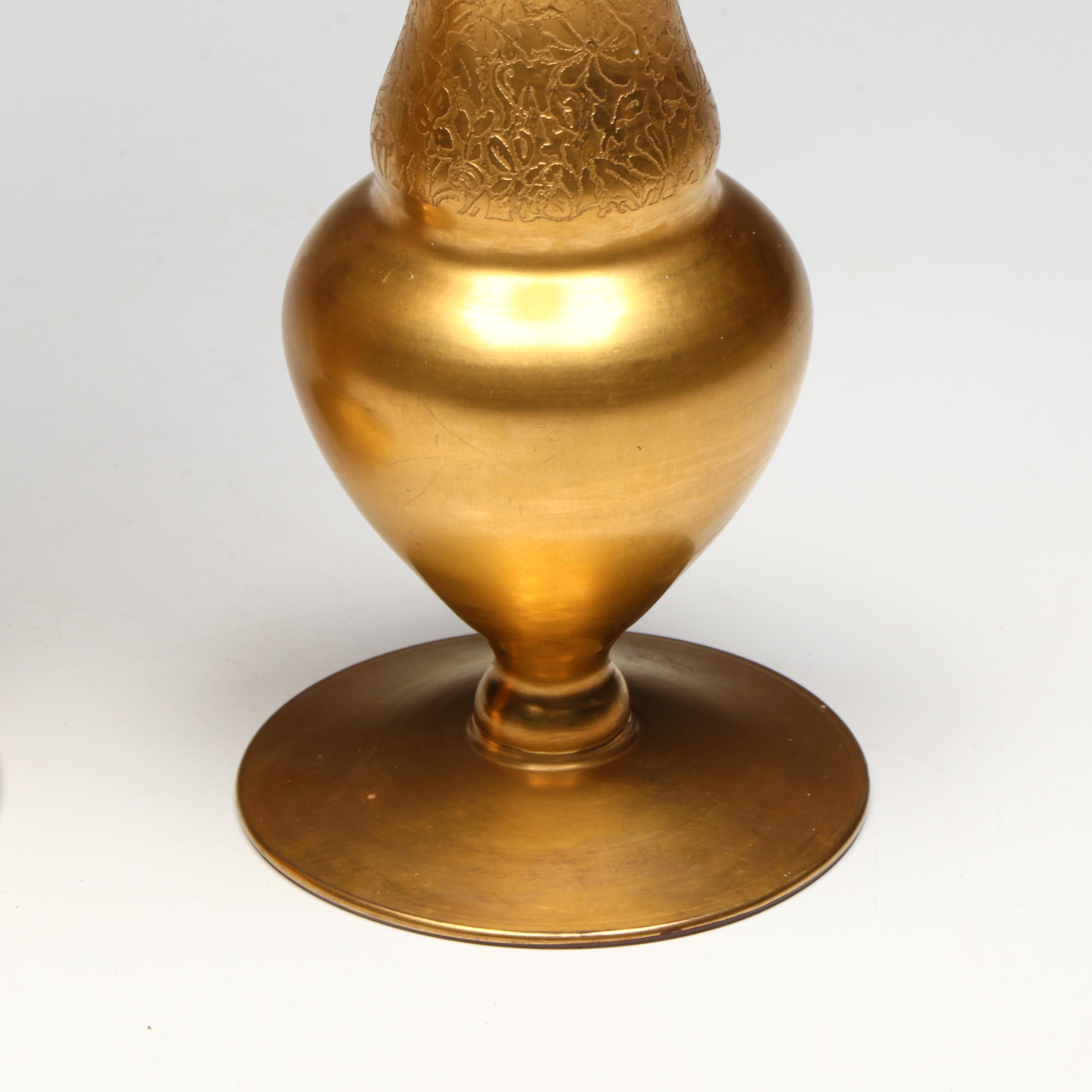 Gilt Porcelain and Glass Vases with Gilt Glass Plate