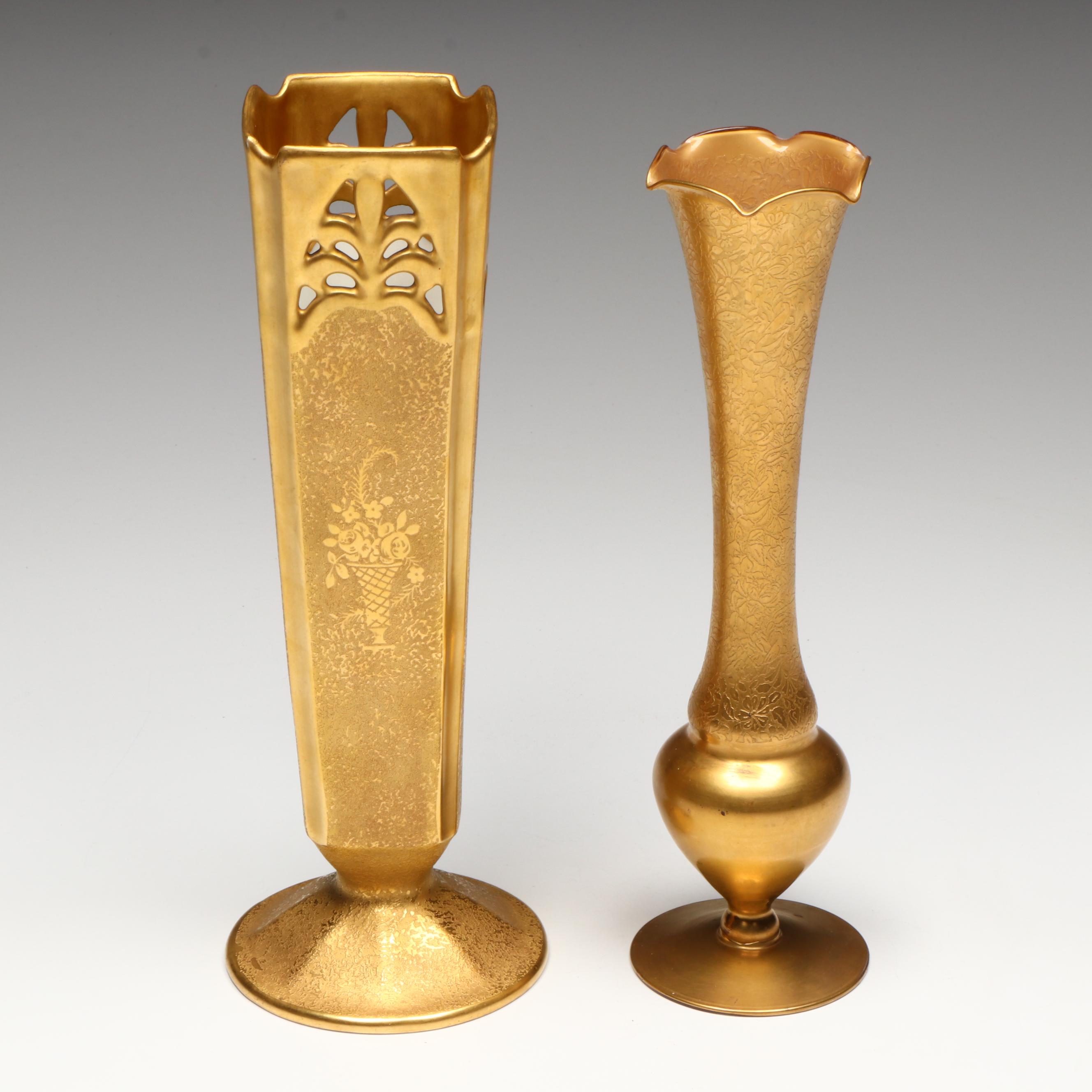 Gilt Porcelain and Glass Vases with Gilt Glass Plate