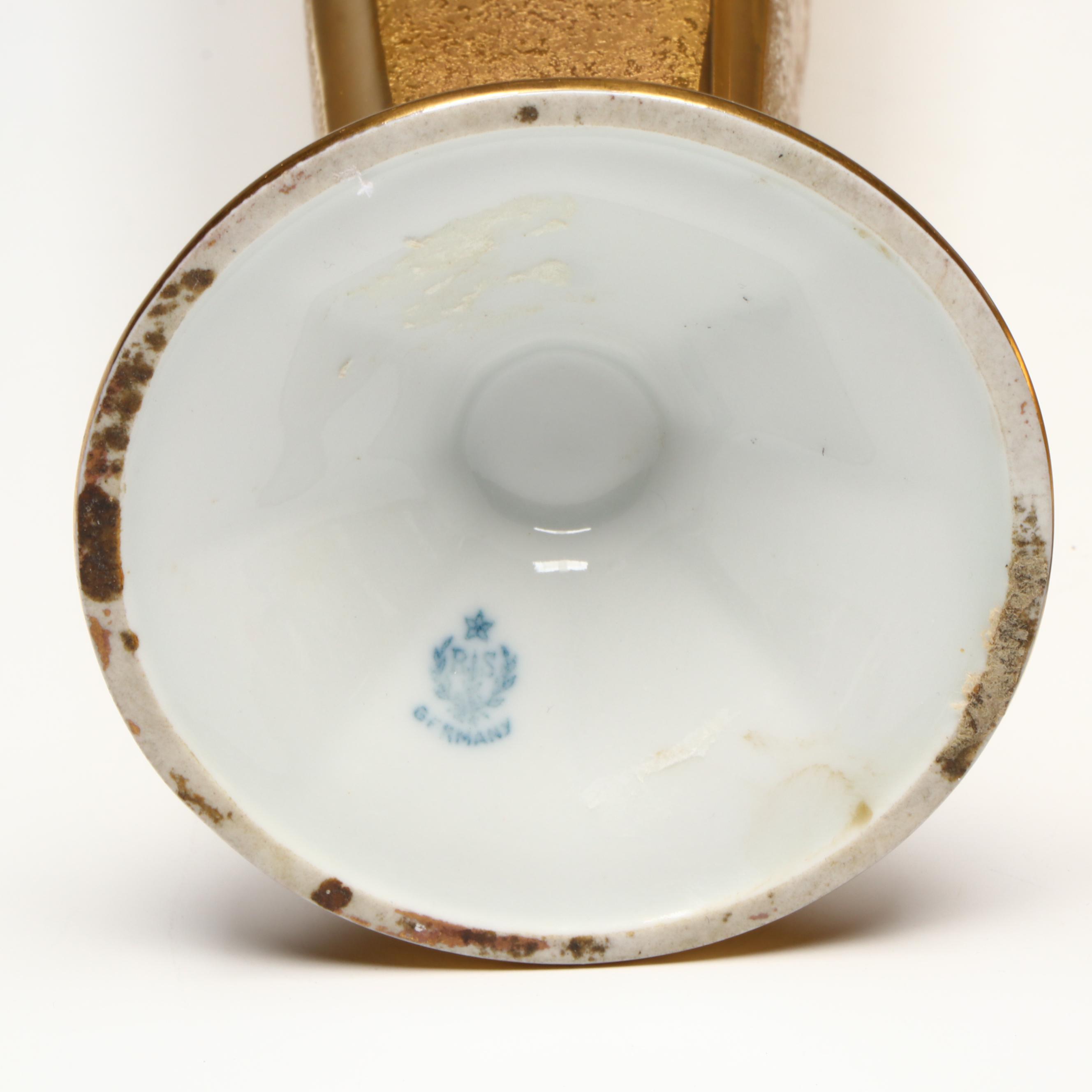 Gilt Porcelain and Glass Vases with Gilt Glass Plate