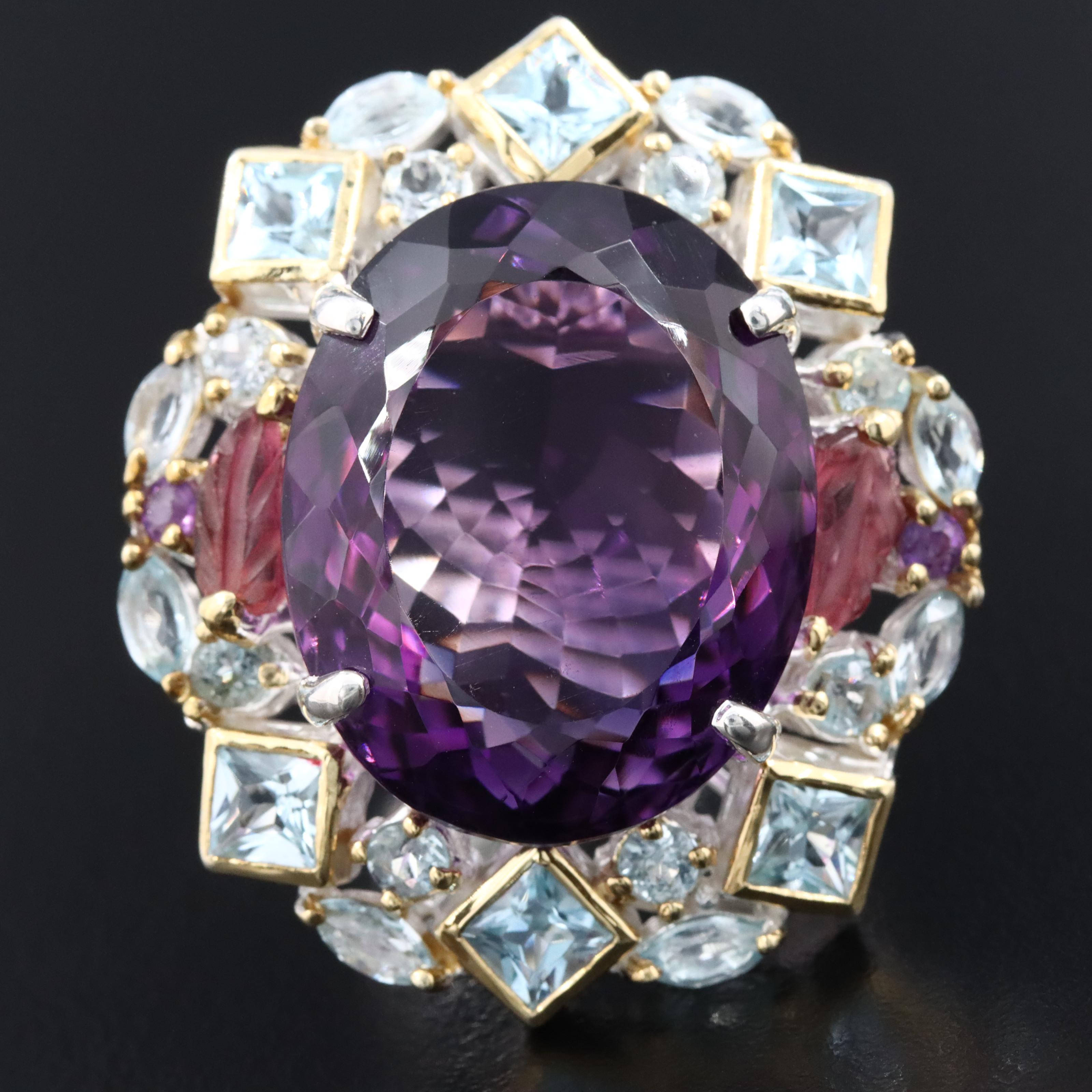 Sterling Amethyst, Blue Topaz and Sapphire Oversized Ring