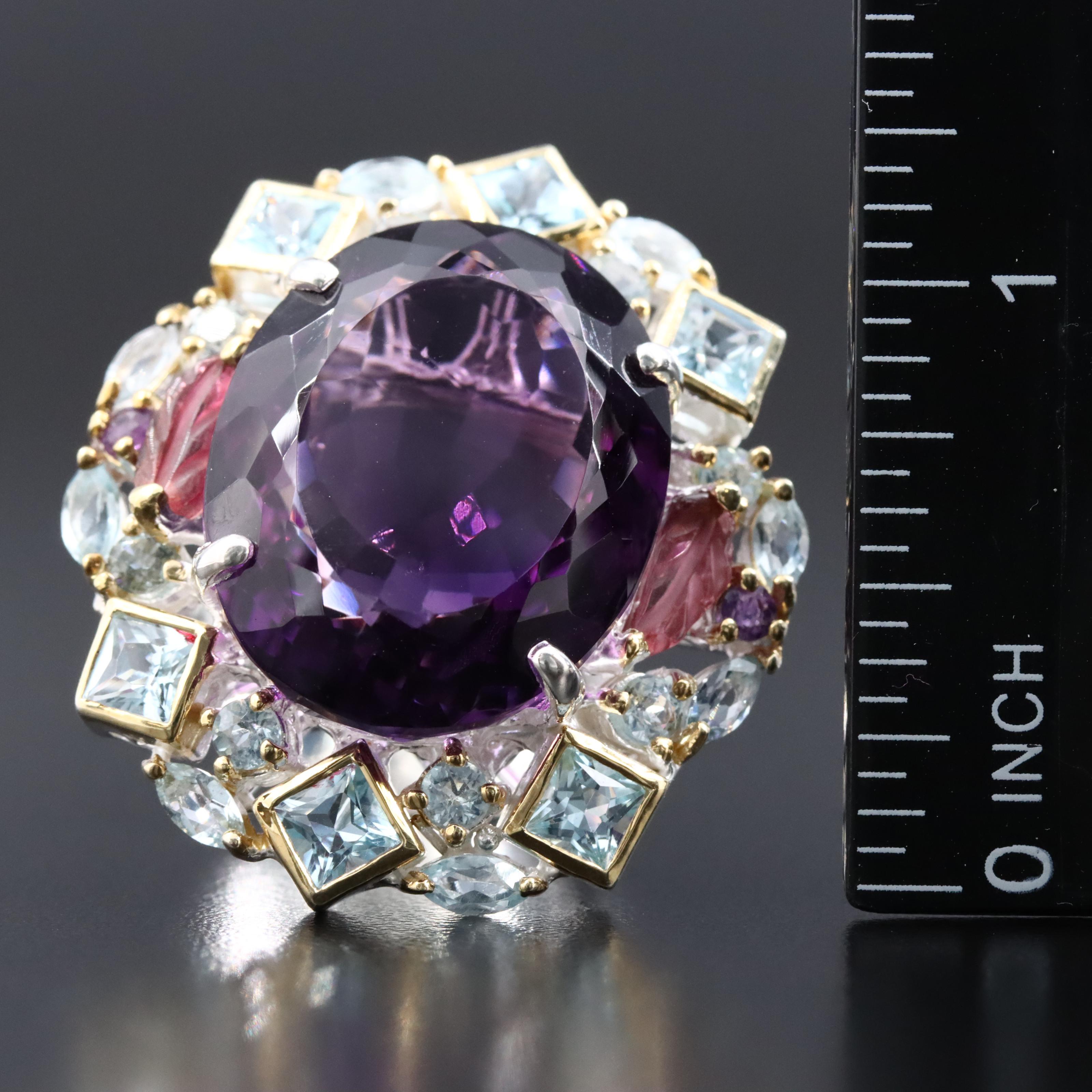 Sterling Amethyst, Blue Topaz and Sapphire Oversized Ring