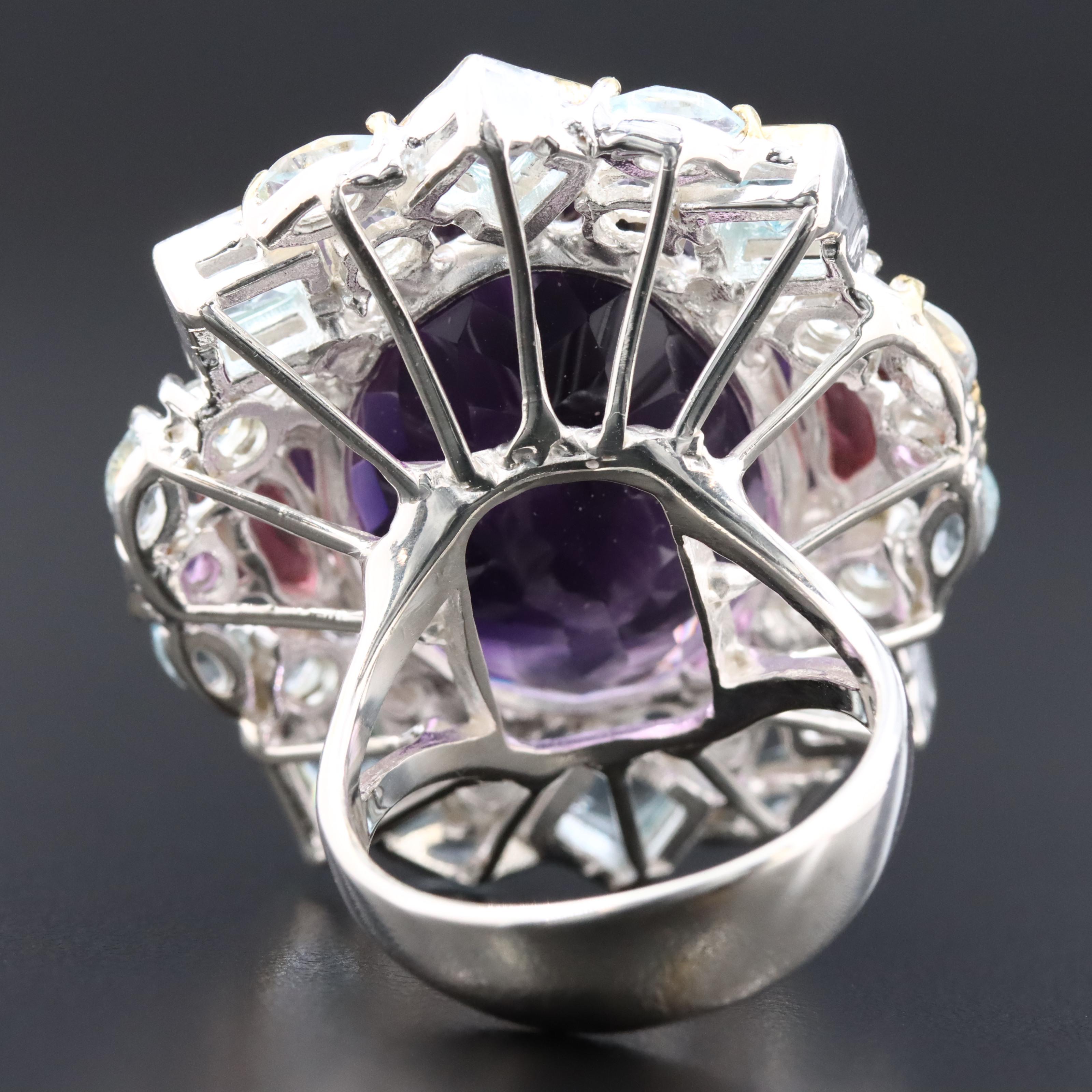 Sterling Amethyst, Blue Topaz and Sapphire Oversized Ring