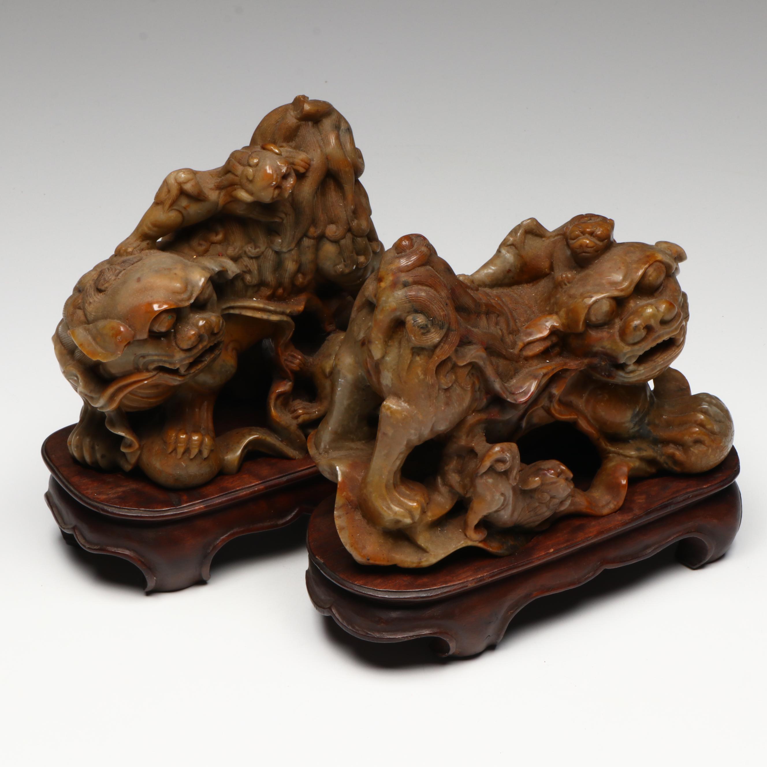 Antique Chinese Carved Soapstone Guardian Lions