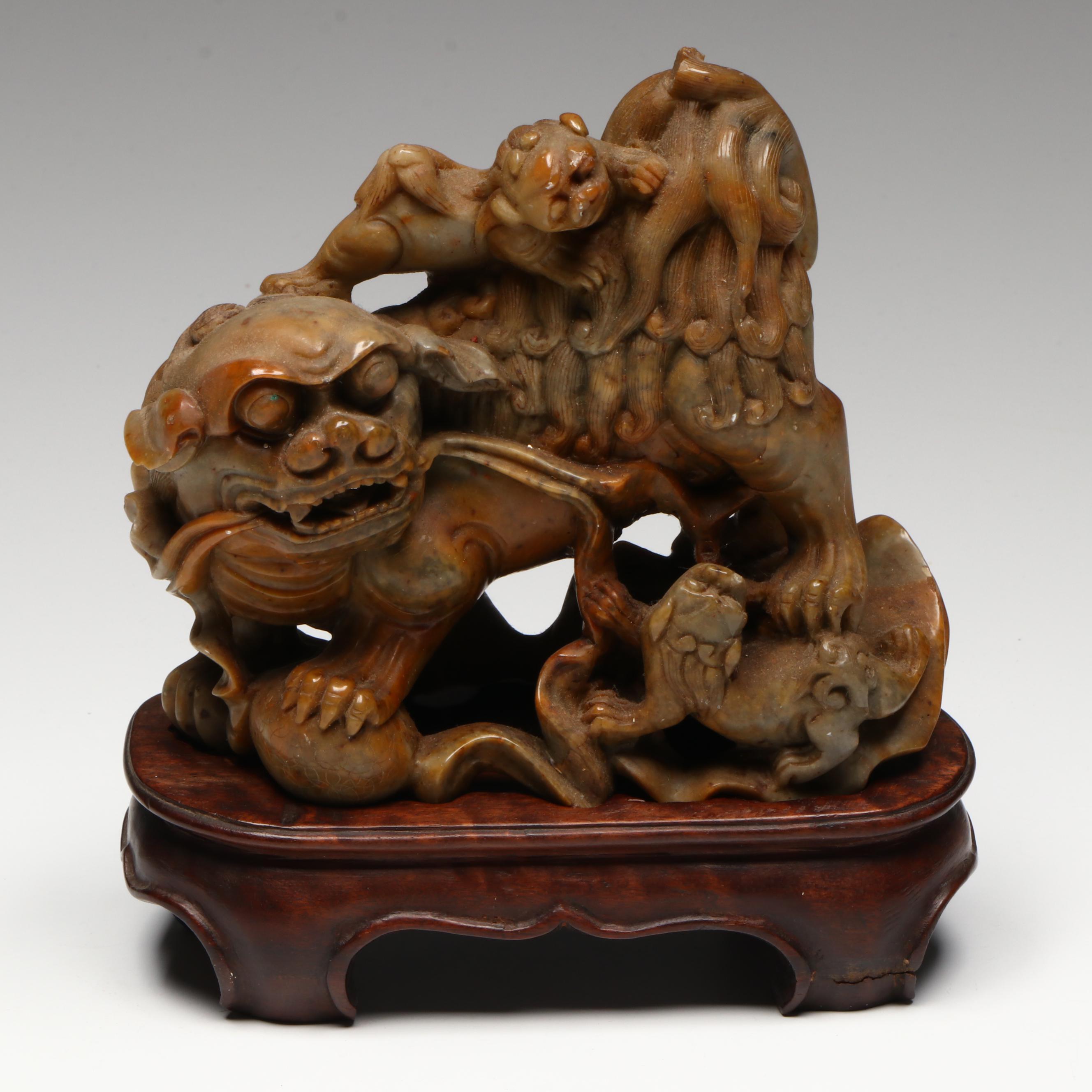 Antique Chinese Carved Soapstone Guardian Lions