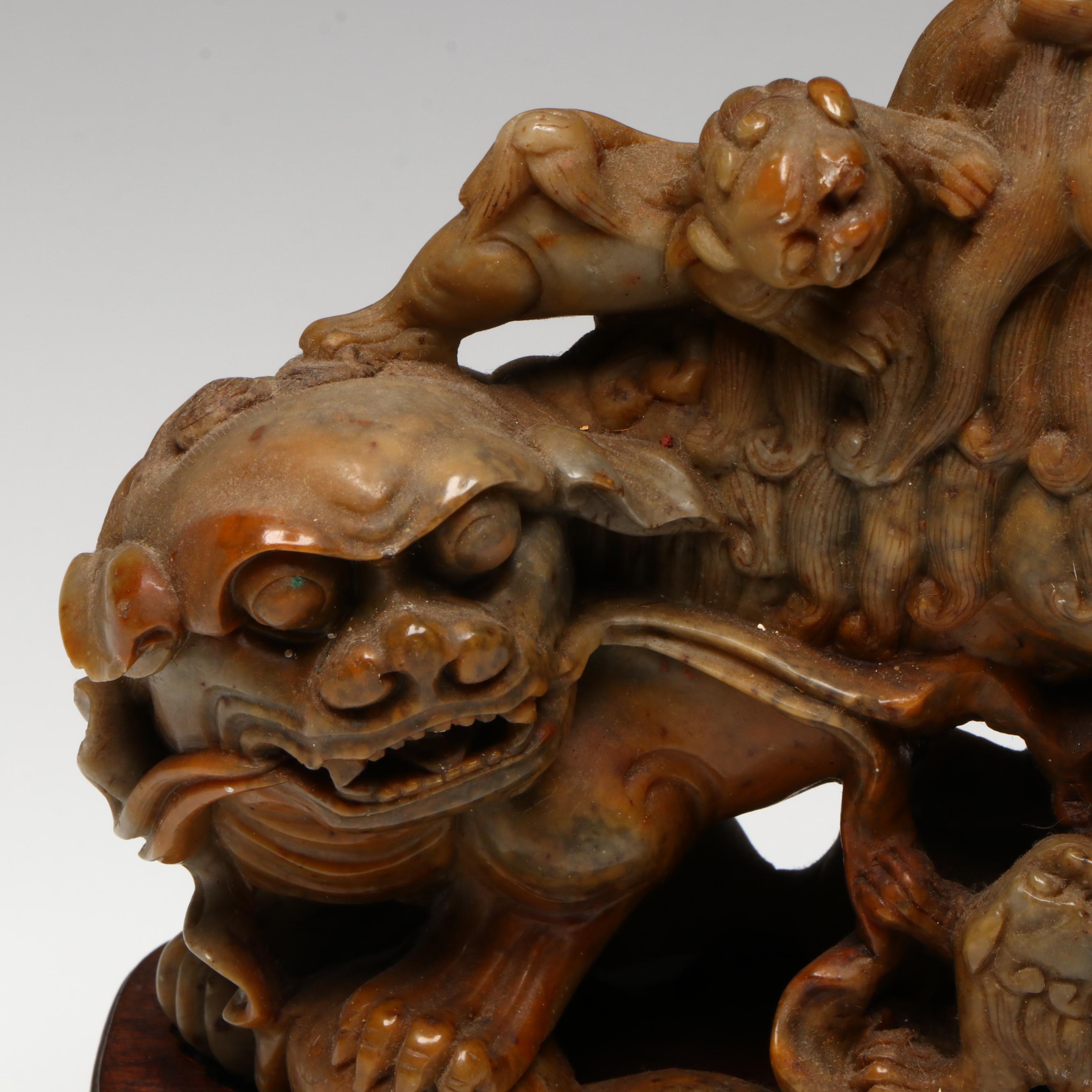 Antique Chinese Carved Soapstone Guardian Lions