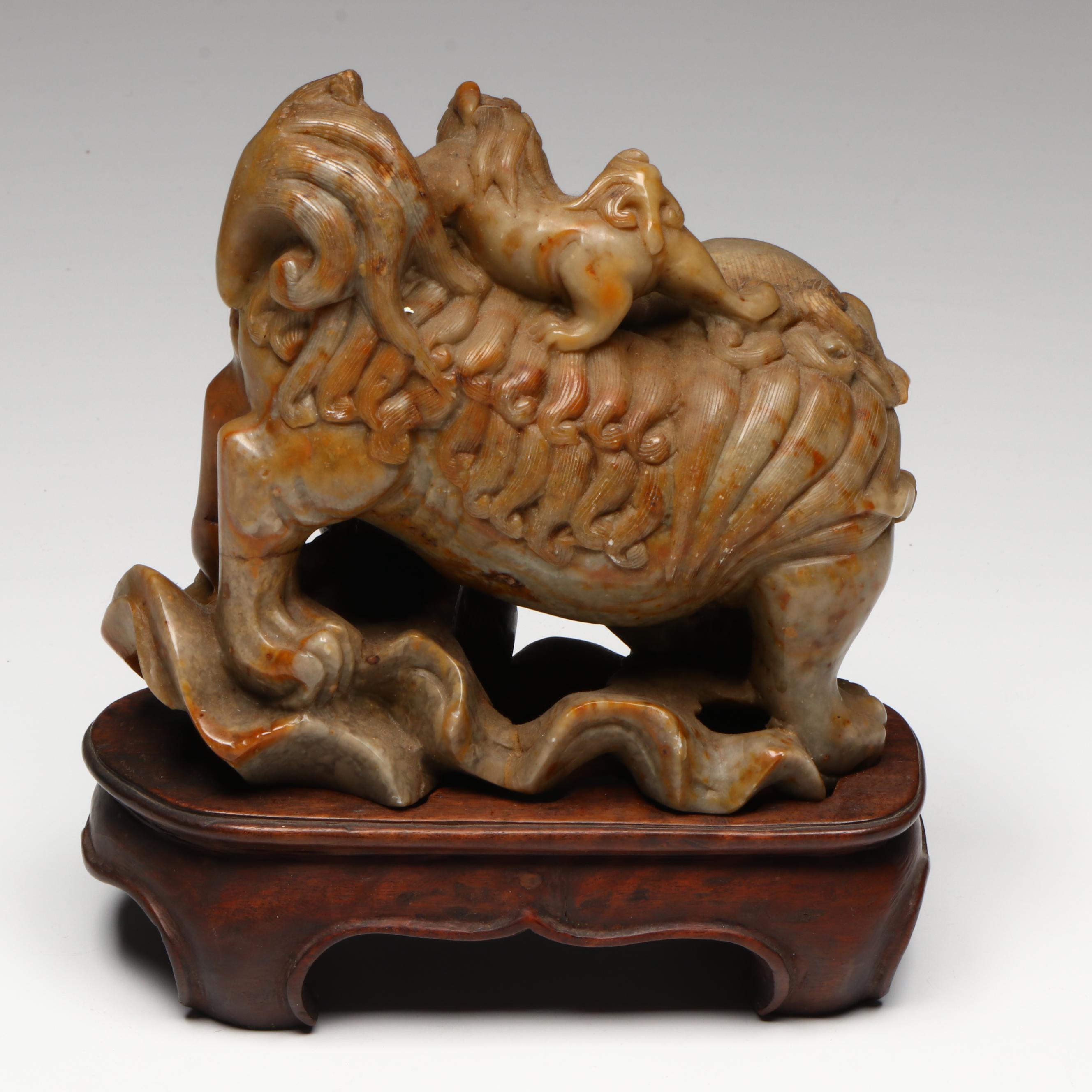 Antique Chinese Carved Soapstone Guardian Lions