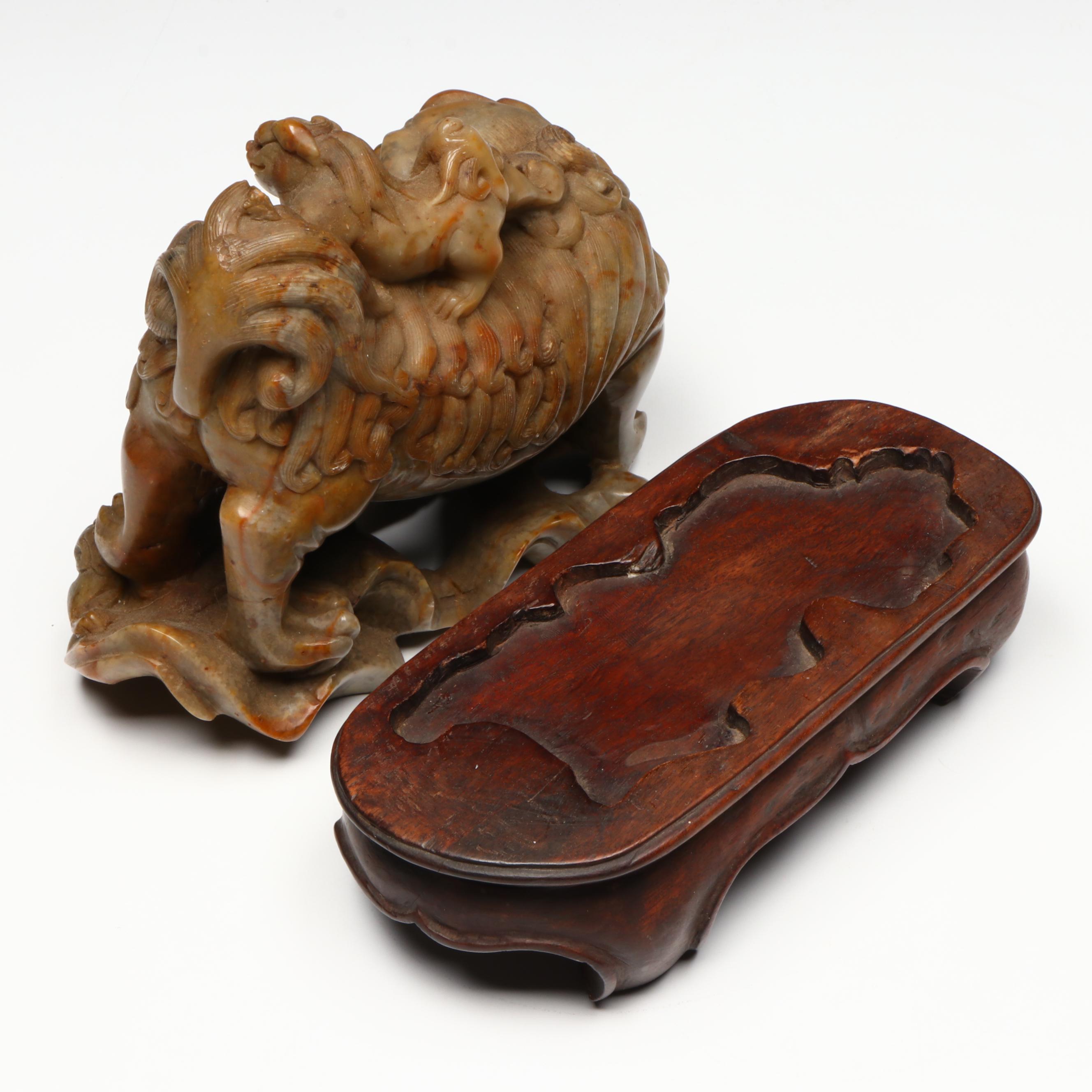 Antique Chinese Carved Soapstone Guardian Lions