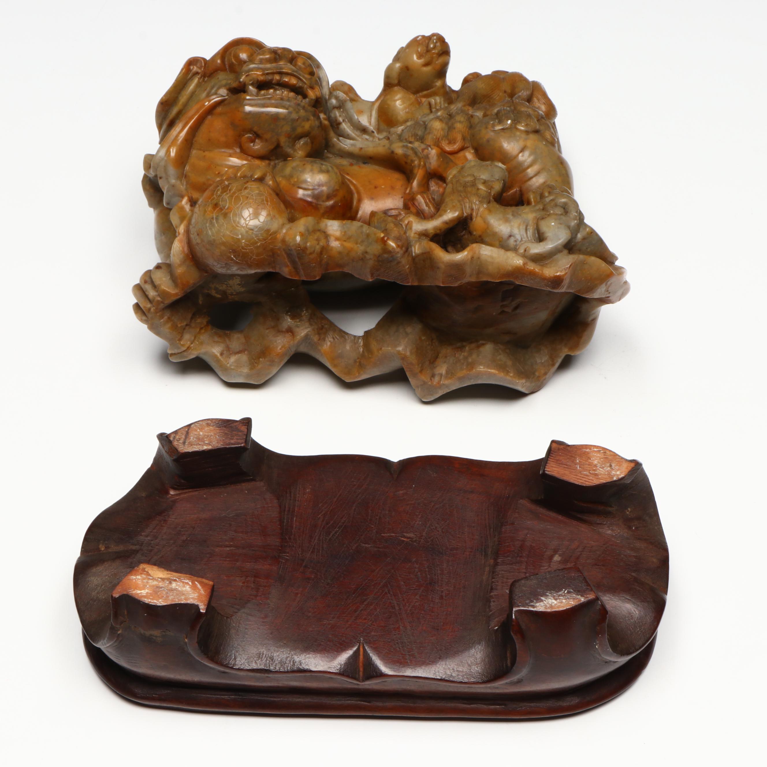 Antique Chinese Carved Soapstone Guardian Lions