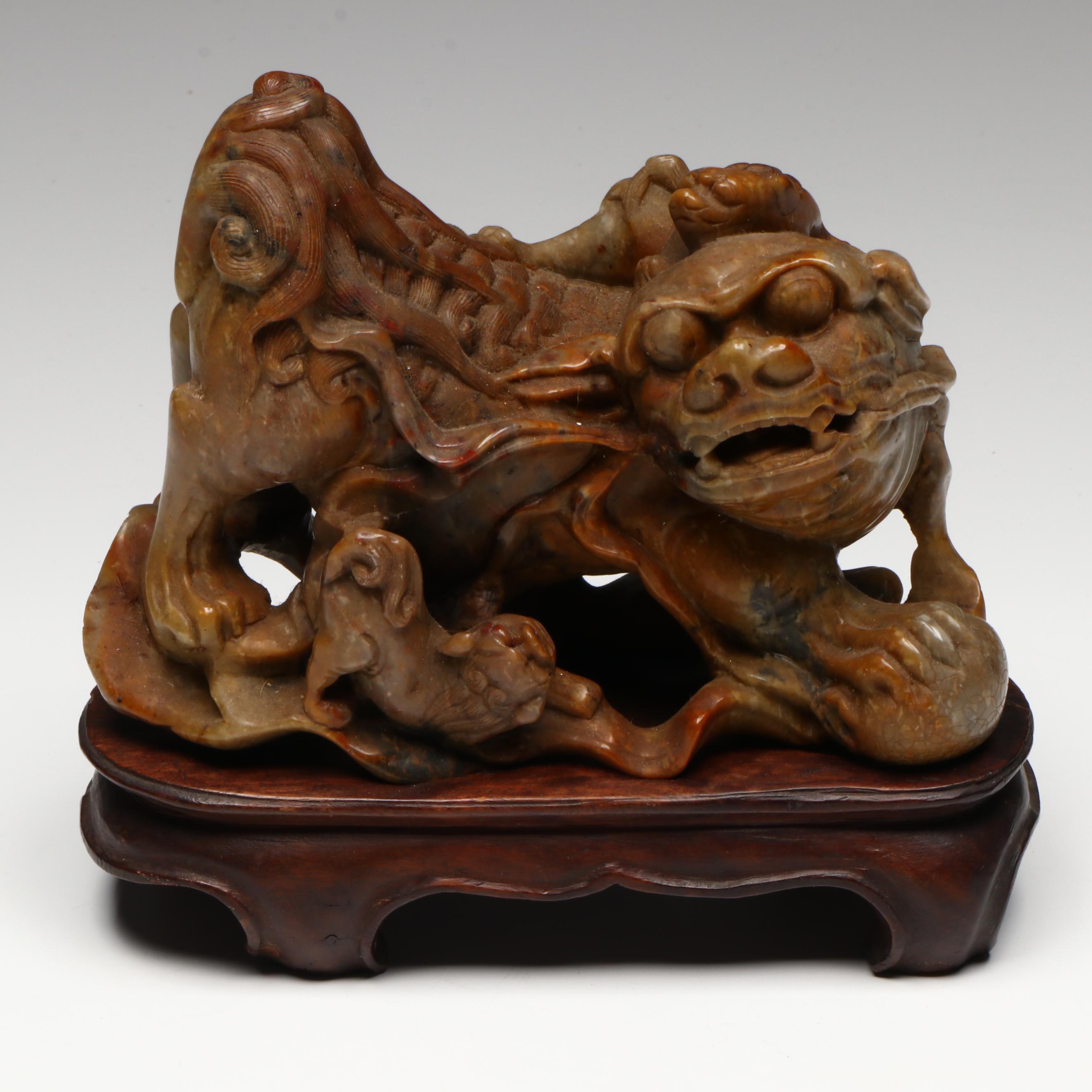 Antique Chinese Carved Soapstone Guardian Lions