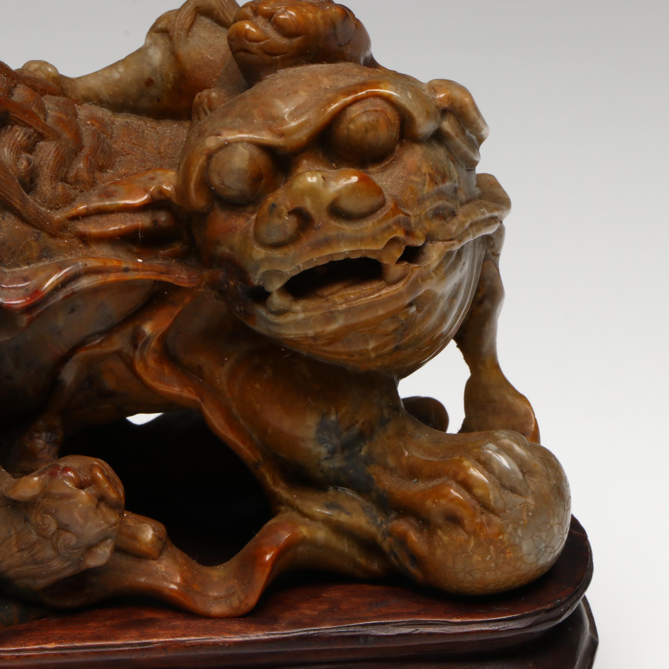 Antique Chinese Carved Soapstone Guardian Lions