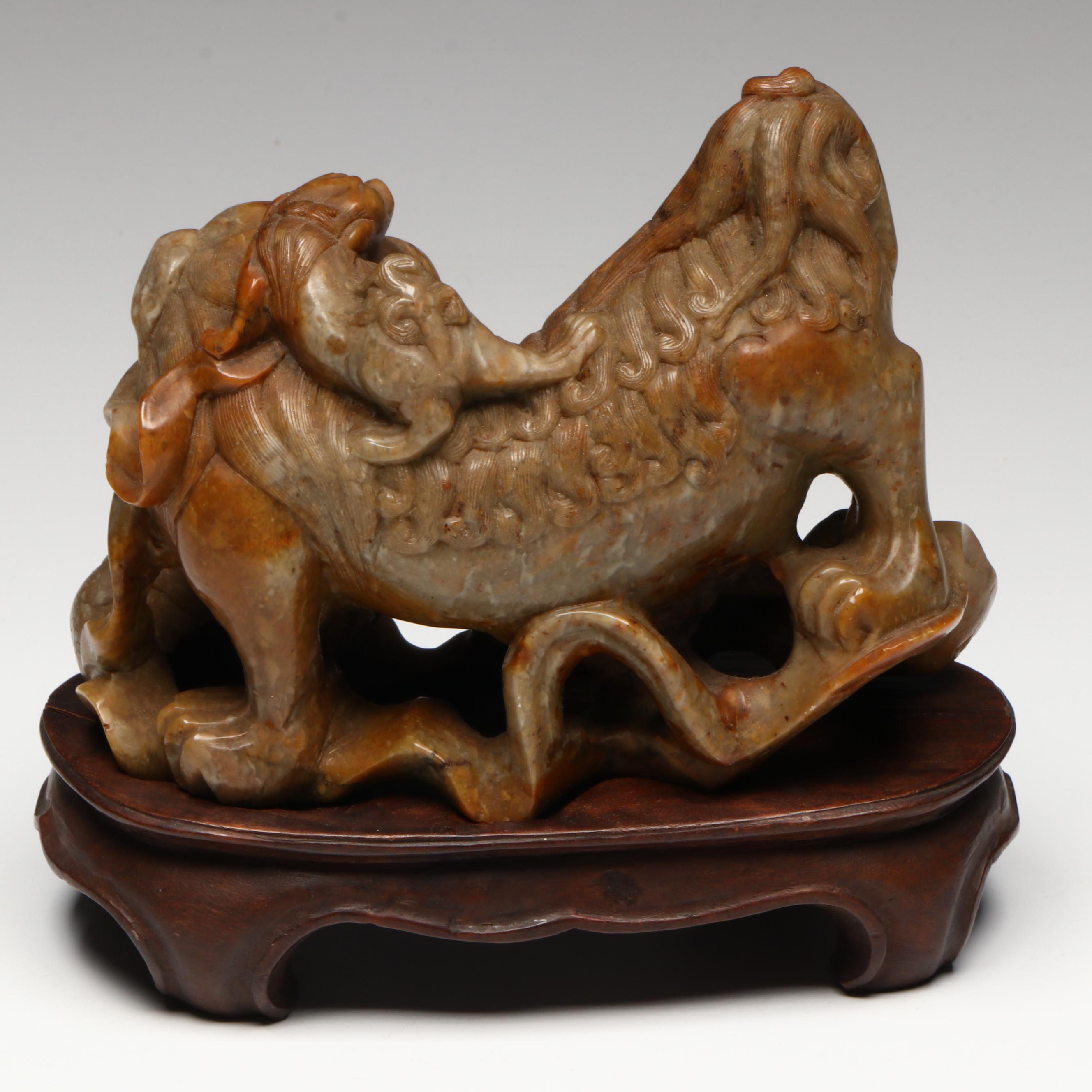 Antique Chinese Carved Soapstone Guardian Lions