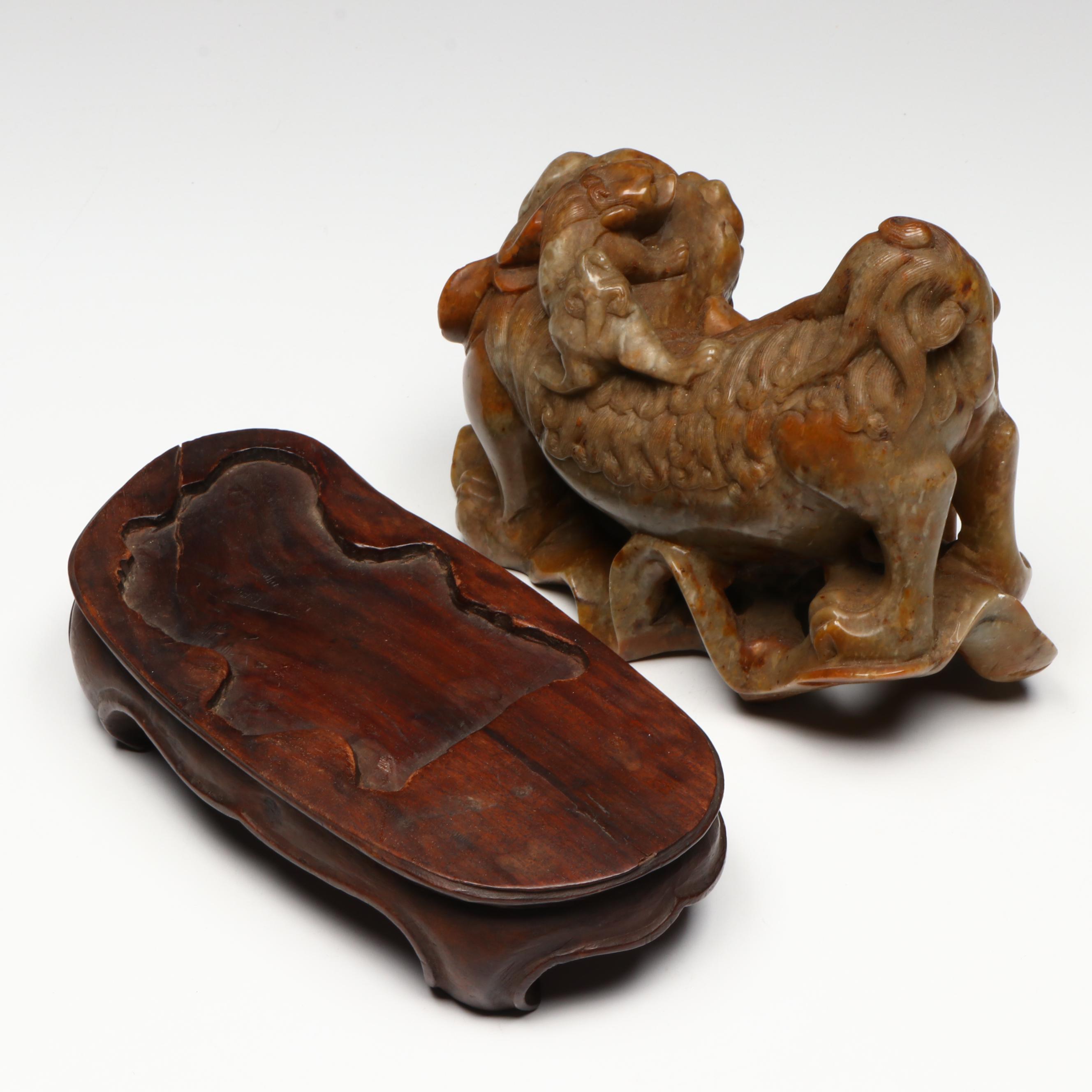 Antique Chinese Carved Soapstone Guardian Lions