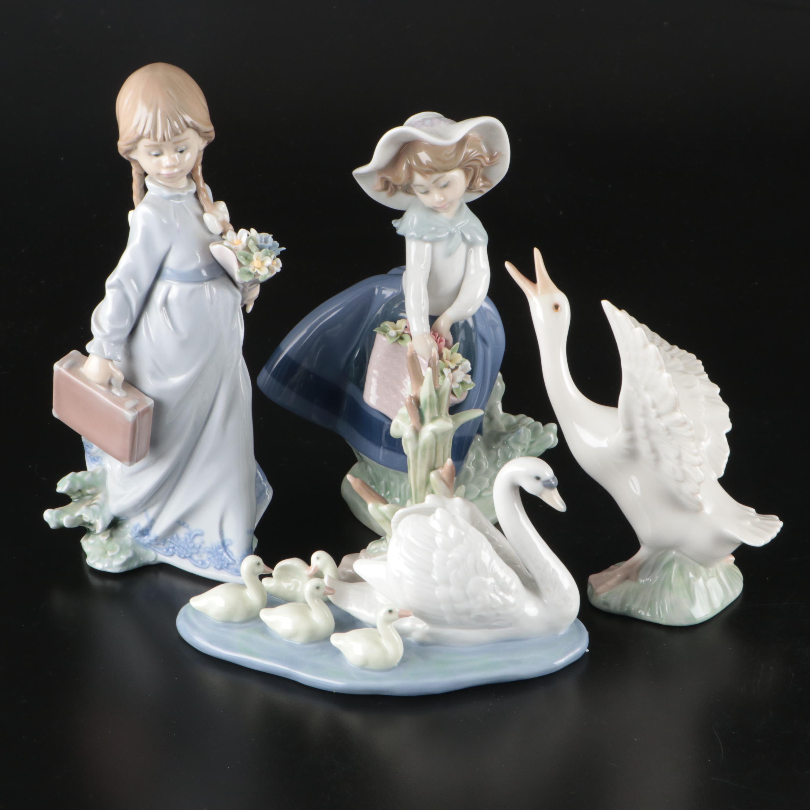 Lladró Swan and Cygnets Porcelain Figure with Other Figurines