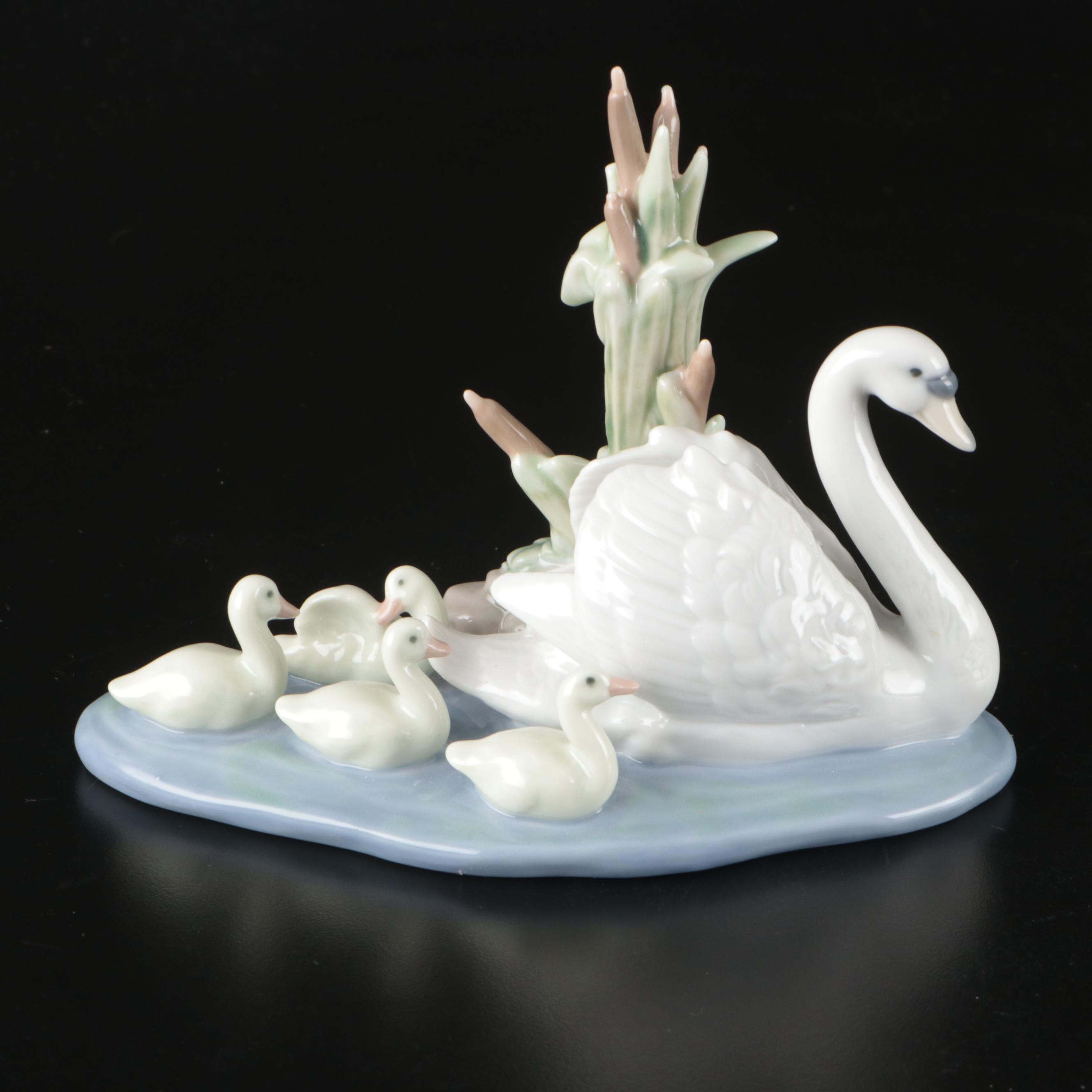 Lladró Swan and Cygnets Porcelain Figure with Other Figurines