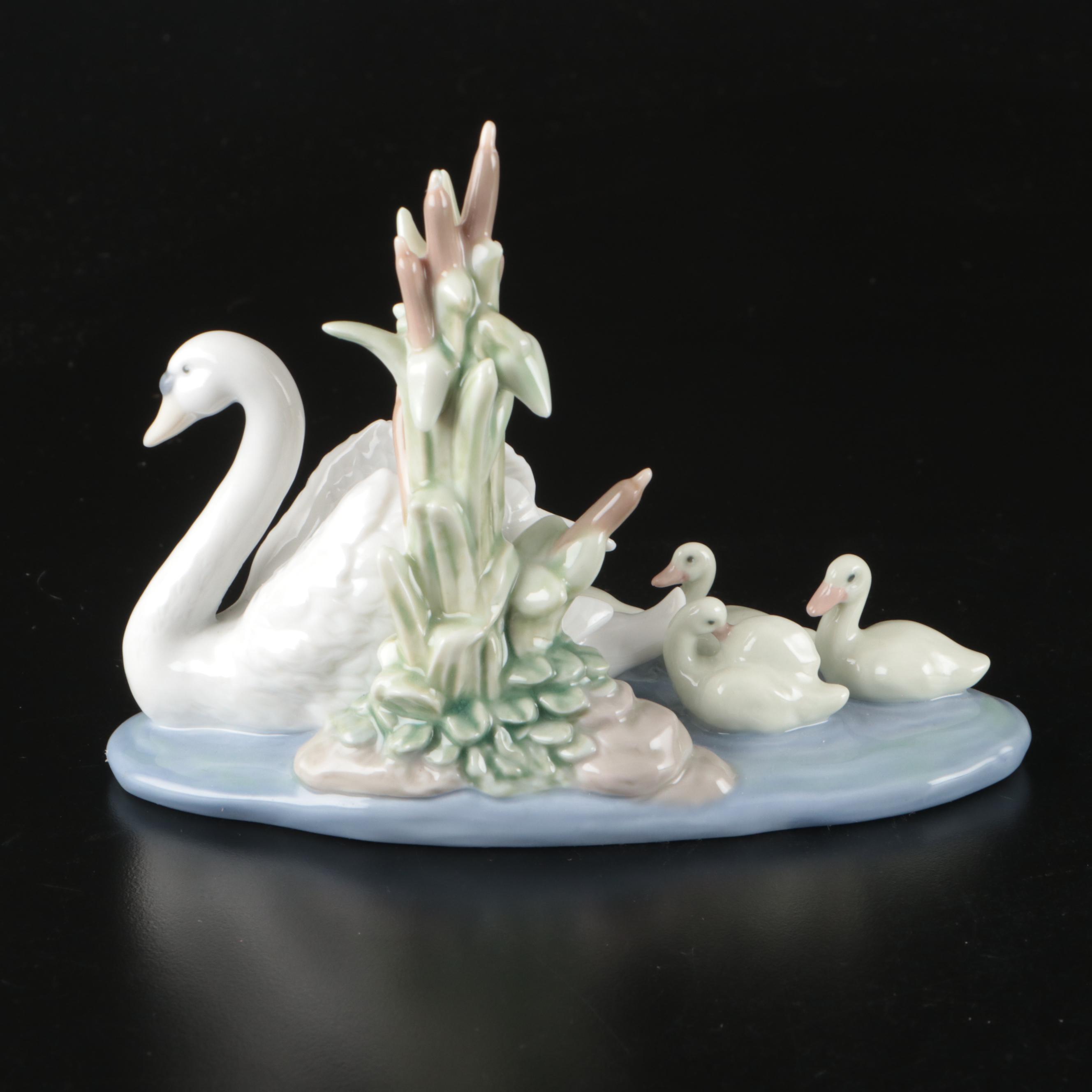 Lladró Swan and Cygnets Porcelain Figure with Other Figurines