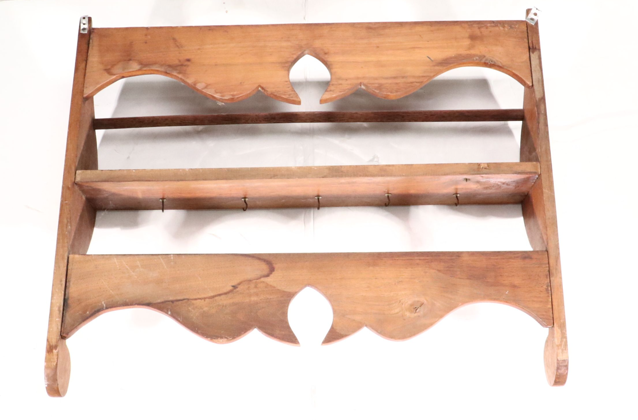 Federal Style Cherry Finish Wooden Wall Shelf with Cup Hooks, 20th Century