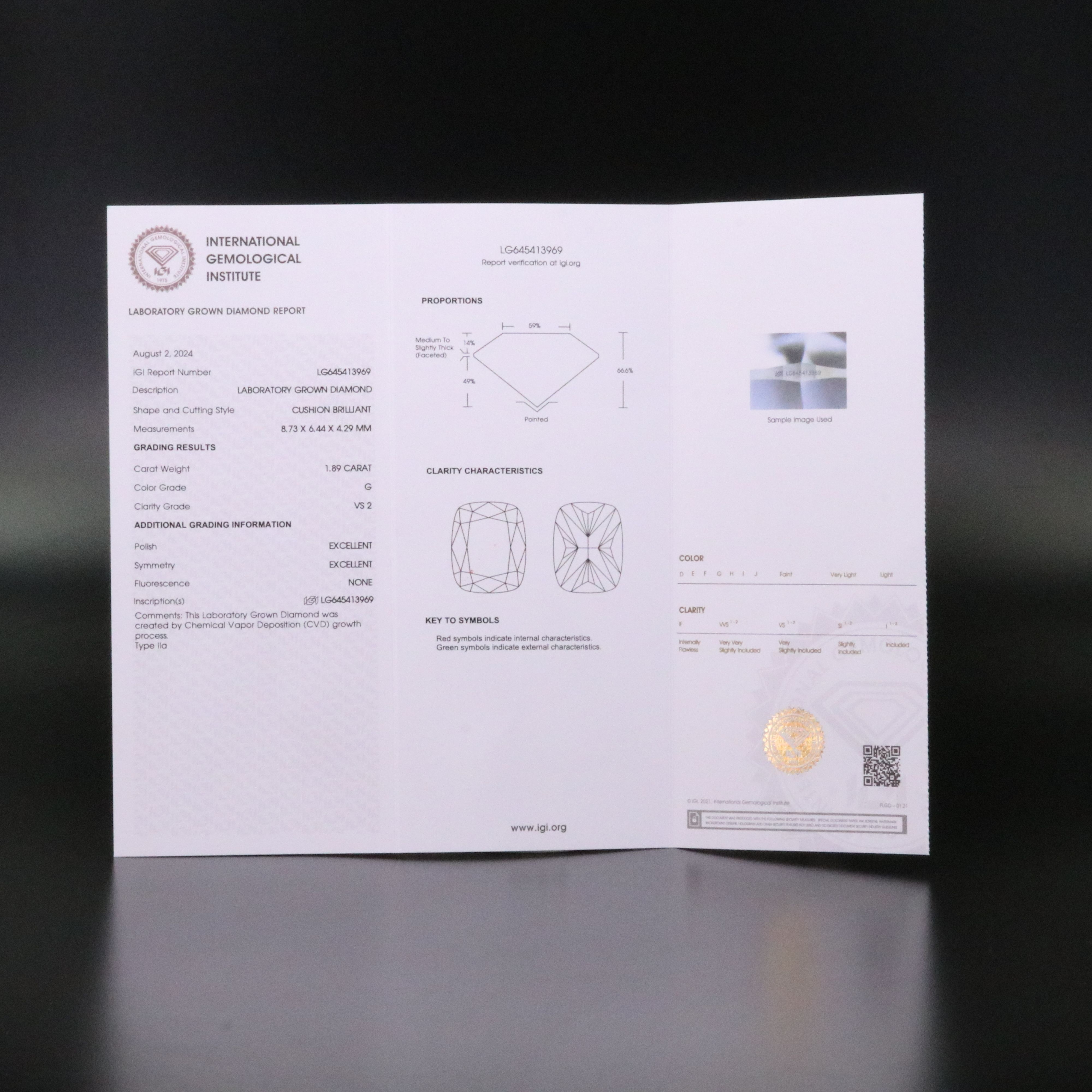 Loose 1.89 CT Lab Grown Diamond with IGI Report
