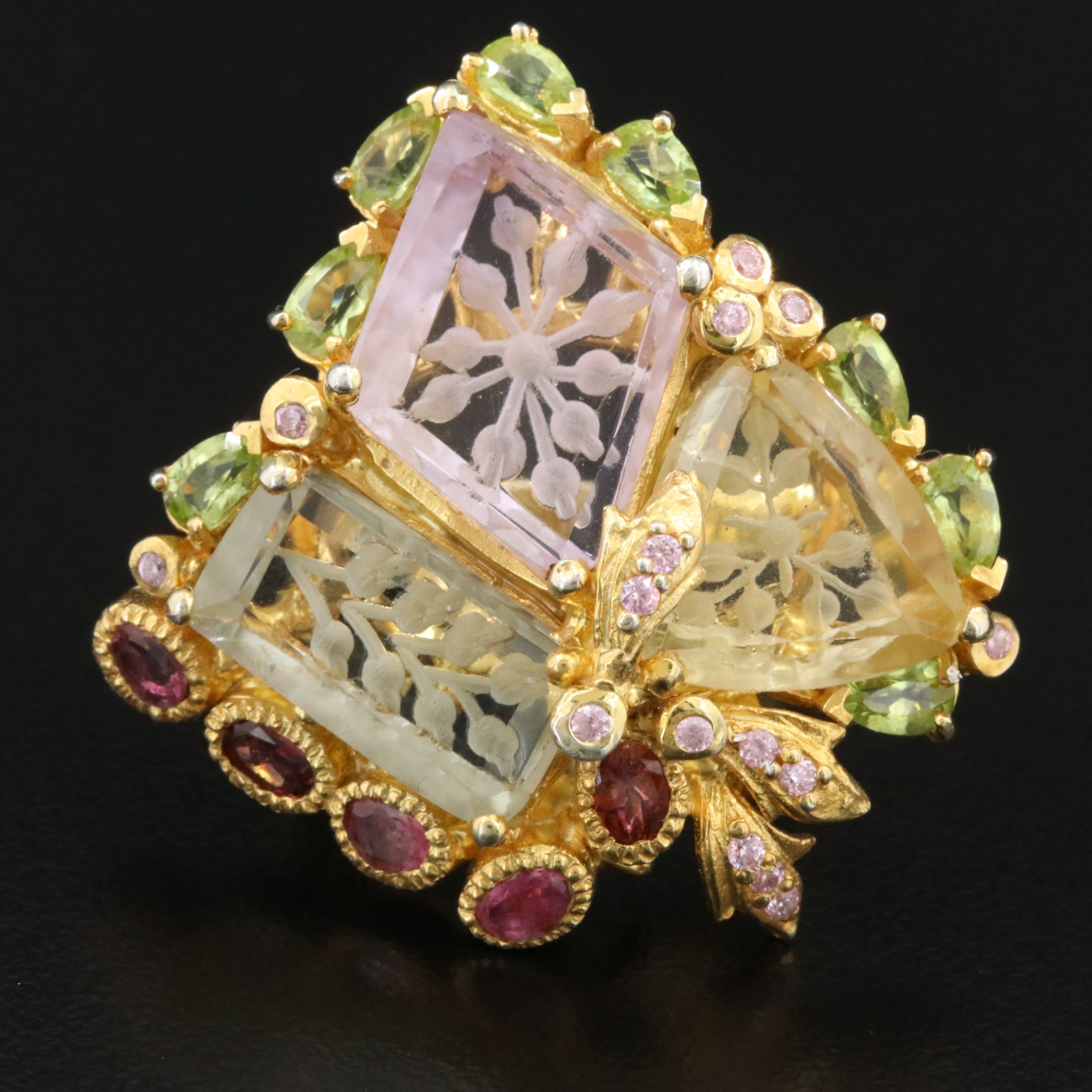 Sterling Quartz and Gemstone Floral Ring