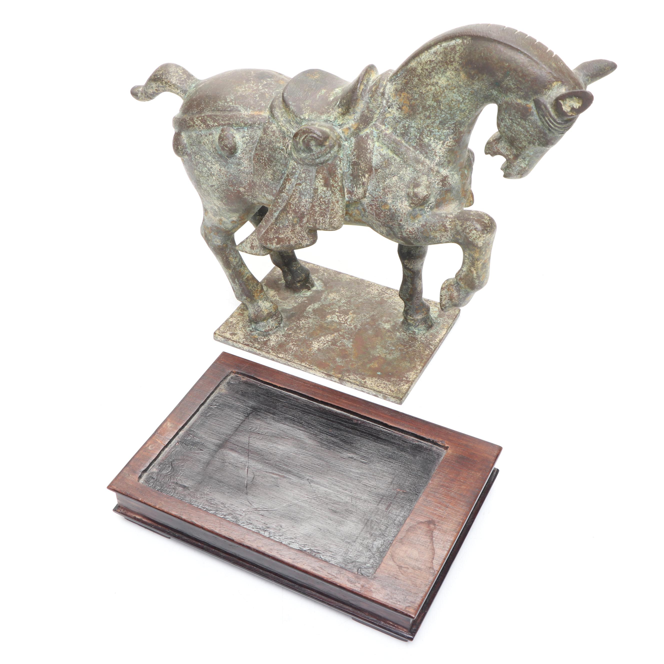 Chinese Tang Dynasty Style Cast Metal Horse on Wooden Stand