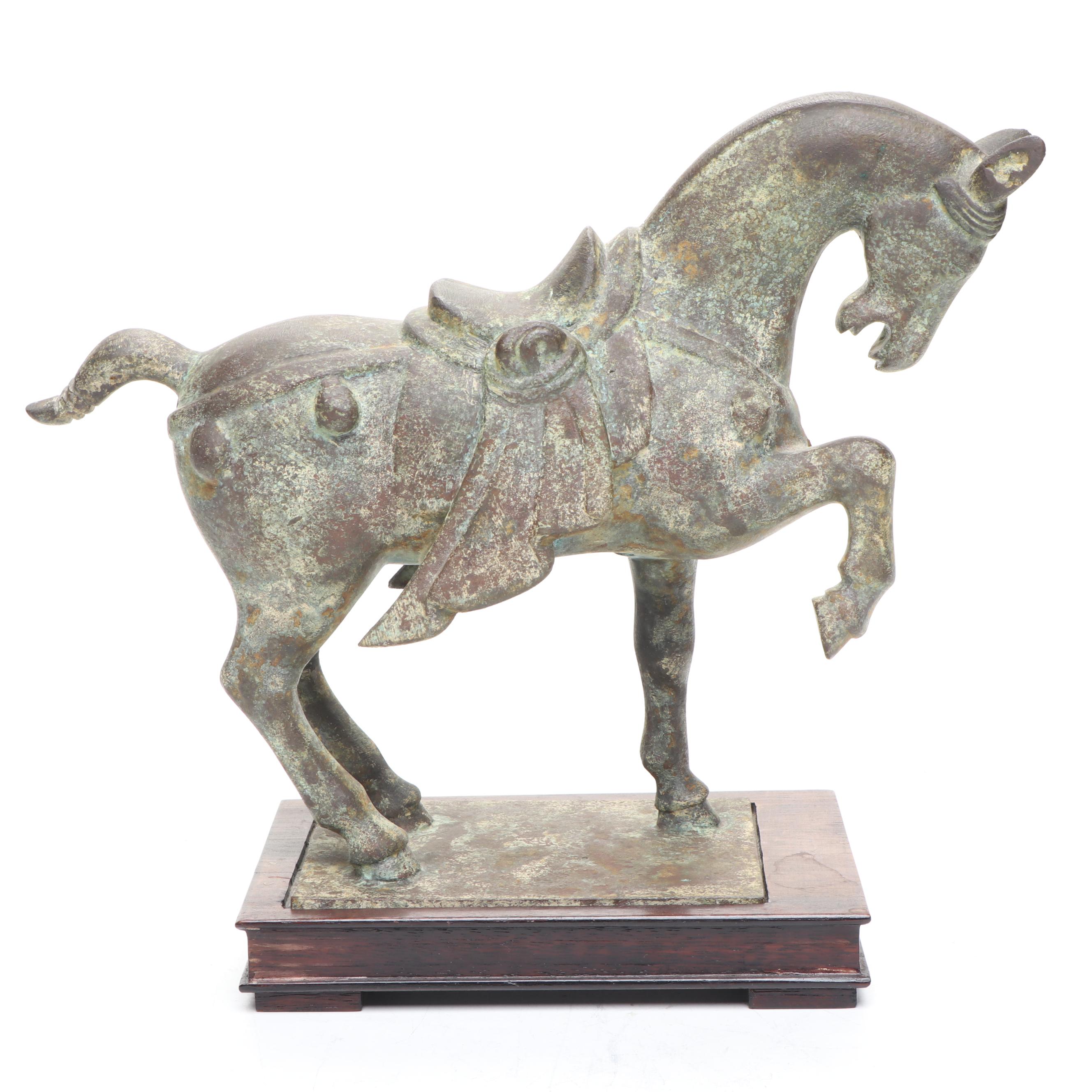 Chinese Tang Dynasty Style Cast Metal Horse on Wooden Stand