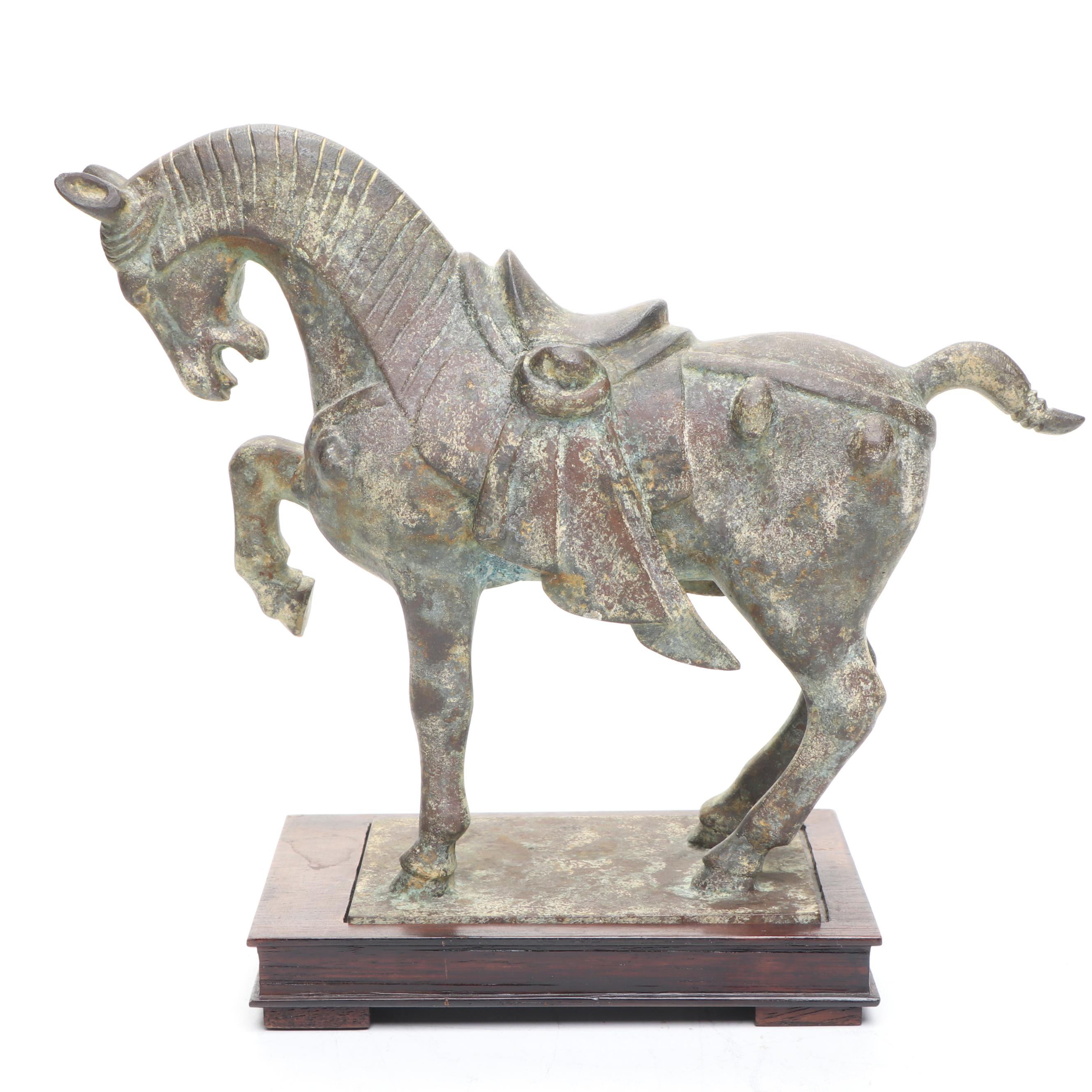 Chinese Tang Dynasty Style Cast Metal Horse on Wooden Stand