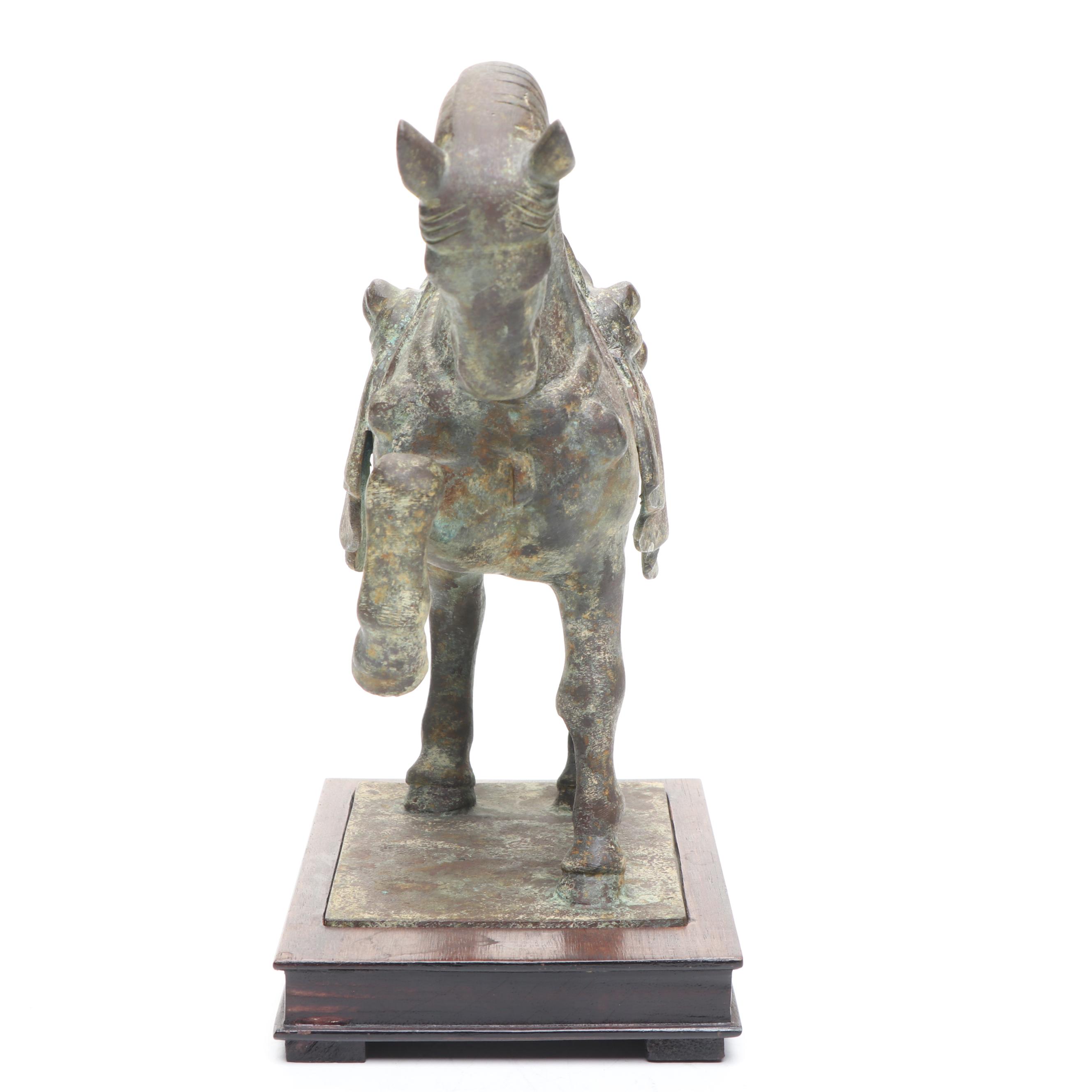 Chinese Tang Dynasty Style Cast Metal Horse on Wooden Stand