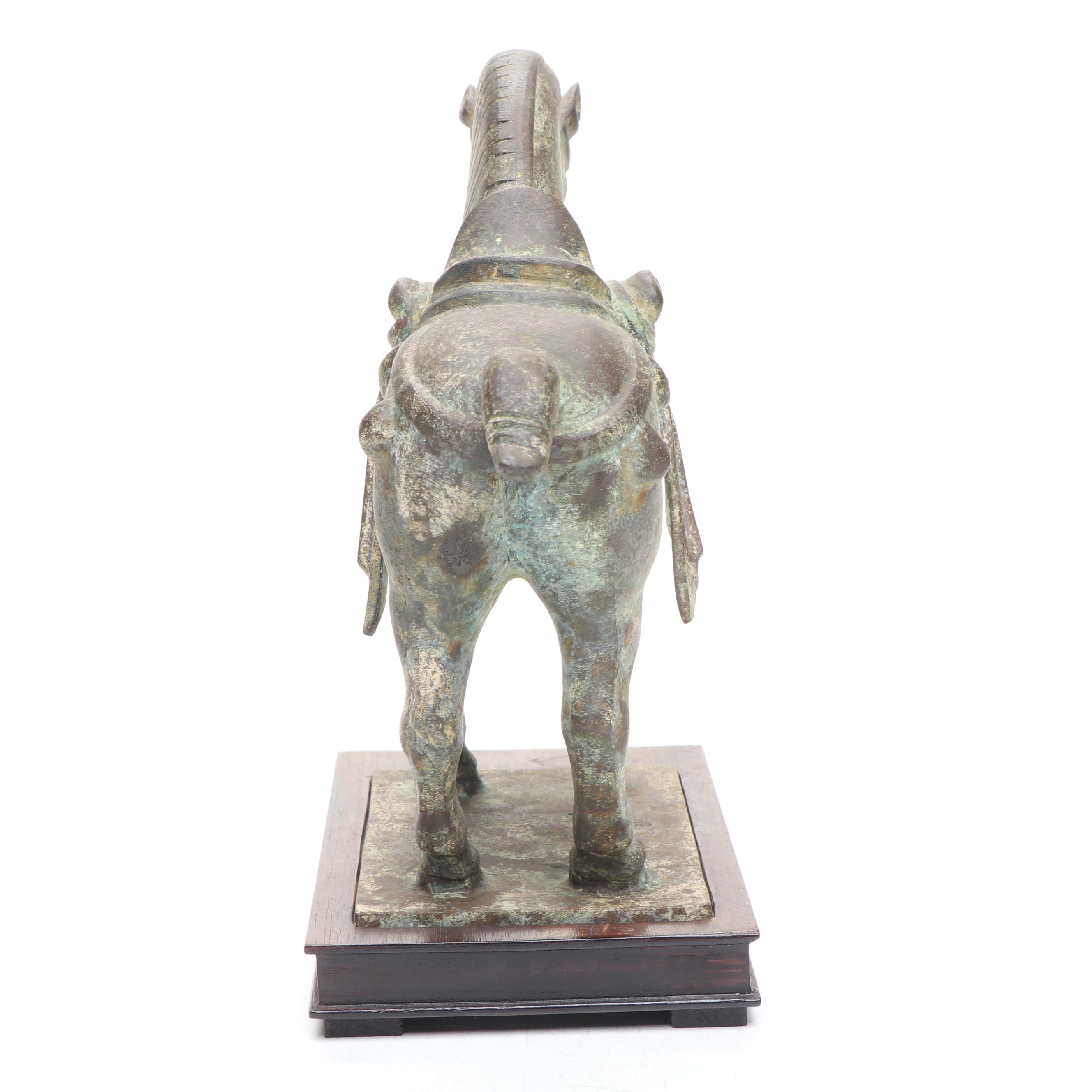 Chinese Tang Dynasty Style Cast Metal Horse on Wooden Stand