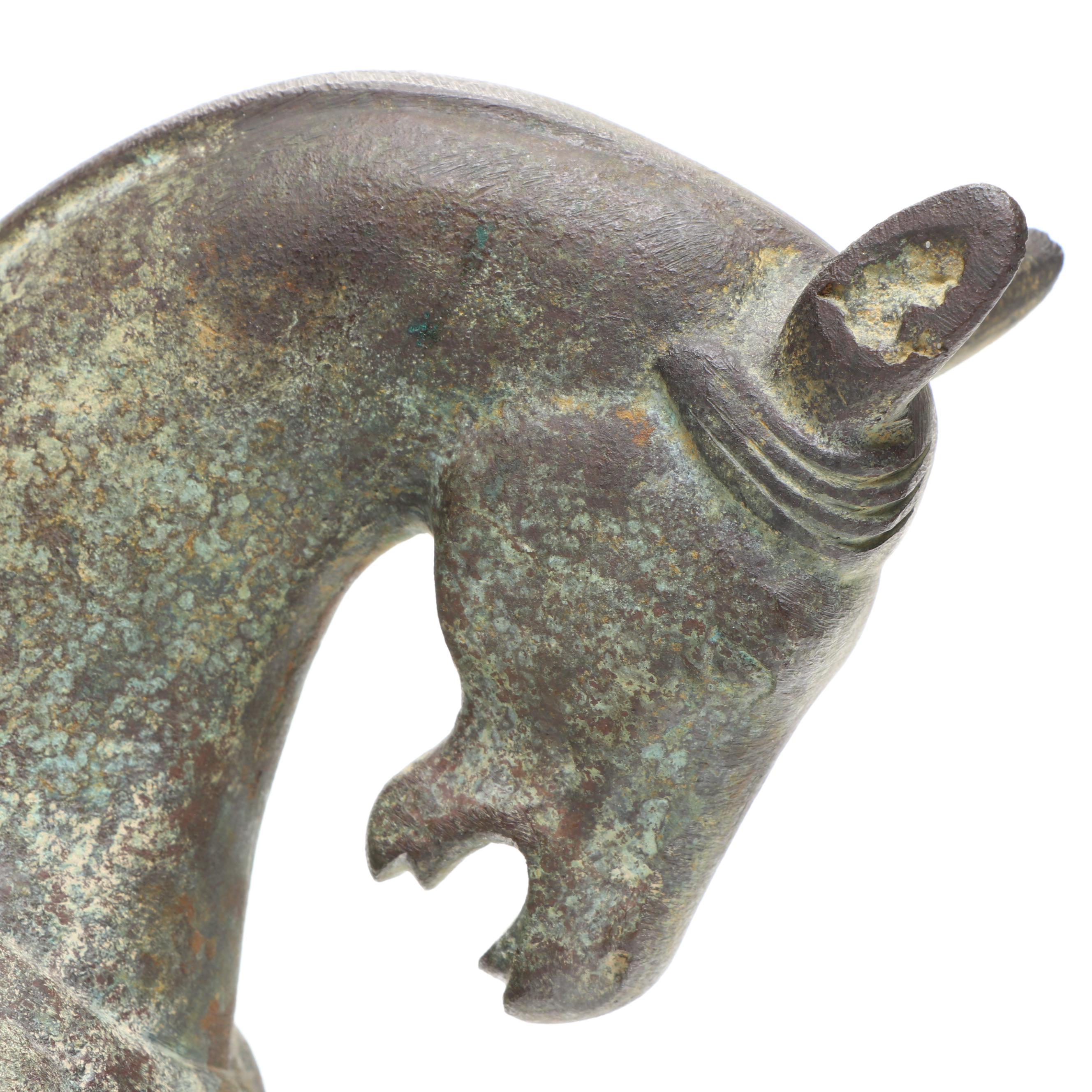 Chinese Tang Dynasty Style Cast Metal Horse on Wooden Stand