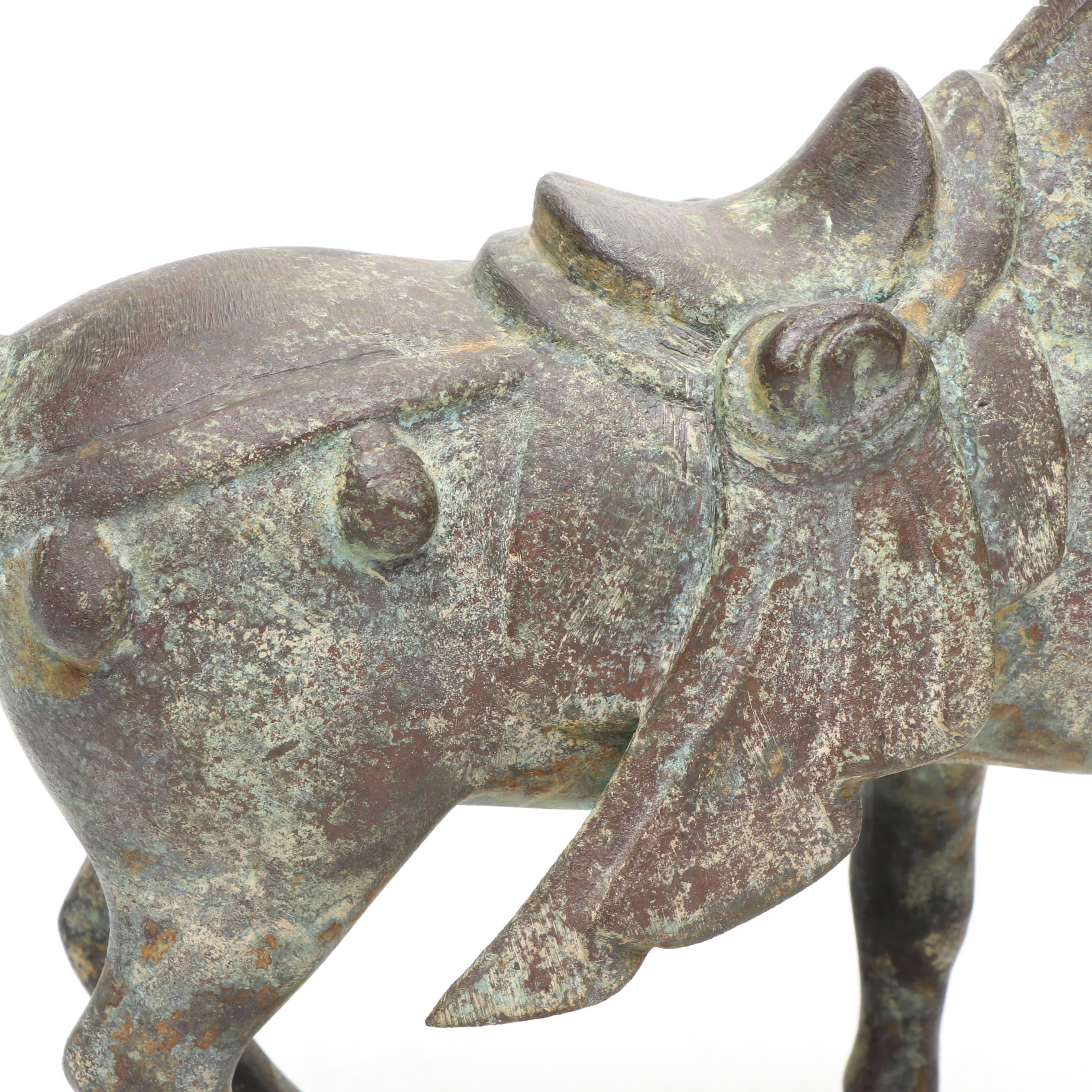 Chinese Tang Dynasty Style Cast Metal Horse on Wooden Stand