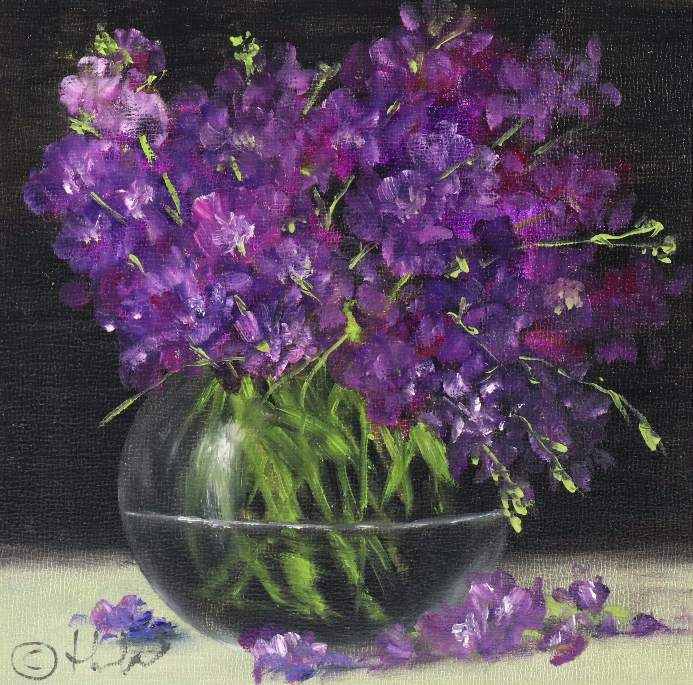 Thu-Thuy Tran Floral Still Life Oil Painting "Matthiolas in Early Spring," 2025