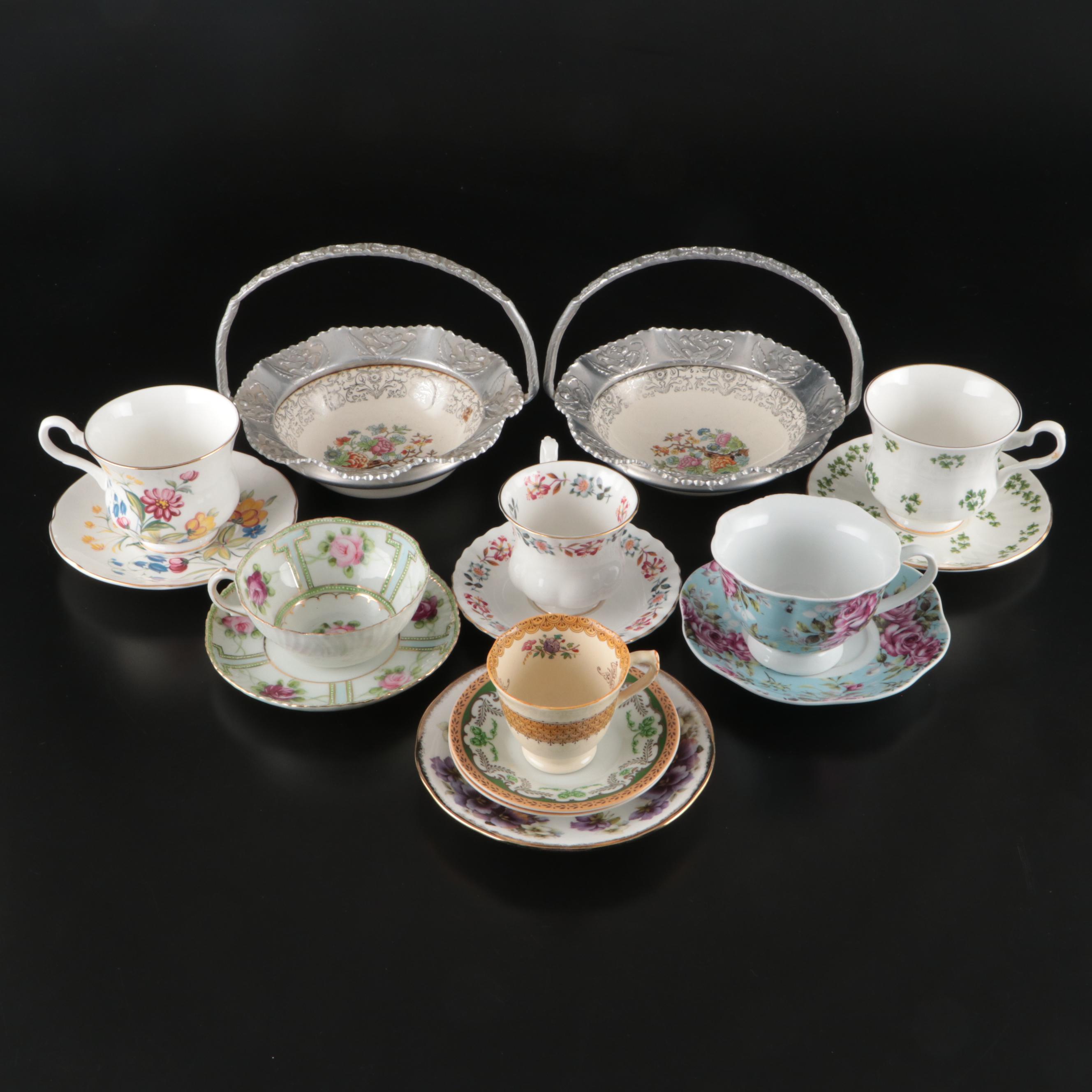 Vintage English and Japanese Porcelain Teacups and Saucers with Other Tableware